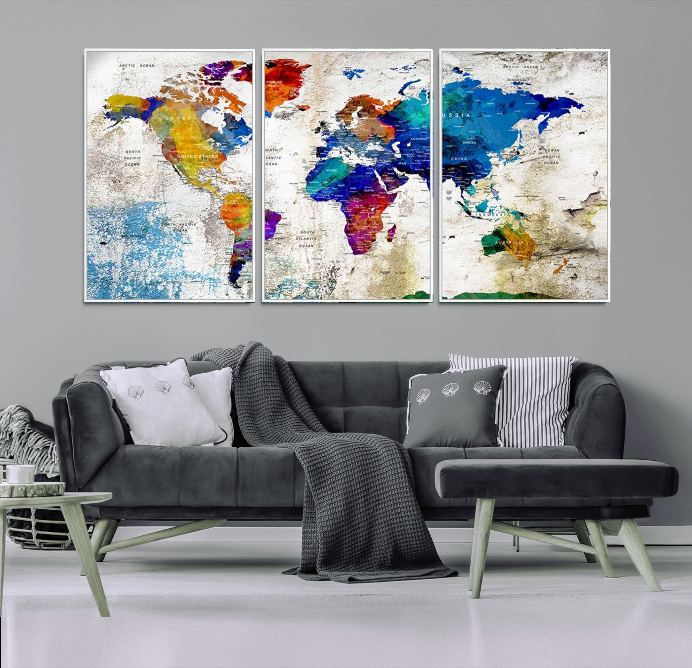 86271-MGV-FC-60X30-3P_White-Push Pin World Map Canvas Print – Framed Travel Map Wall Art for Couples, Anniversary Gift, Modern Home or Office Decor