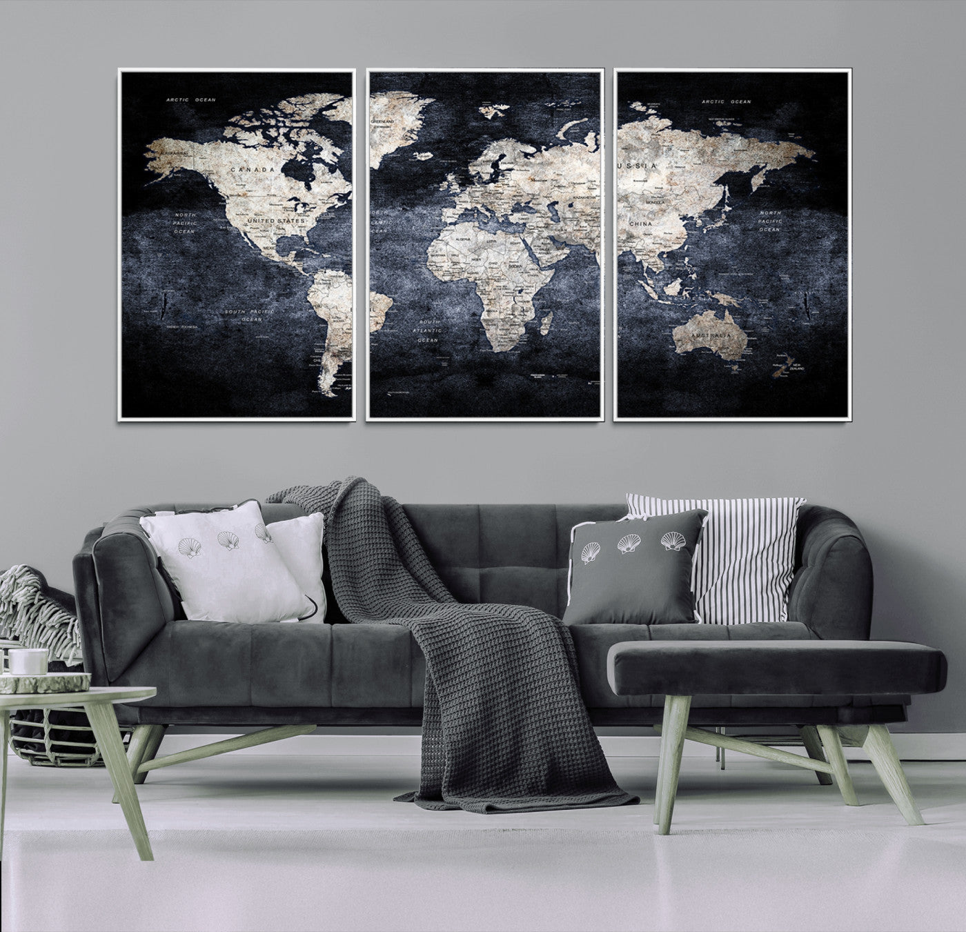 82598-MGV-CV-36X24-Modern Dark World Map Canvas Print – Framed Push Pin Wall Art, Elegant Travel Map Decoration for Home Office or Living Room Decor