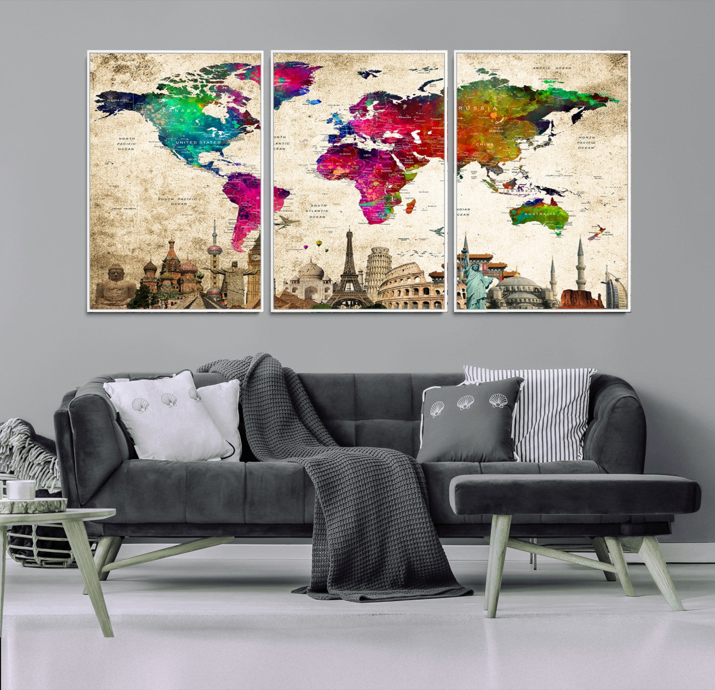 MGV-FC-60X30-3P - Push Pin World Map Canvas Print – Framed Wall Art for Couples to Track Their Travels – Anniversary