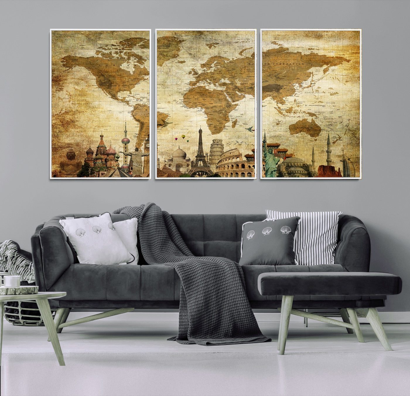 97849-MGV-CV-36X24-Vintage World Map Canvas Wall Art – Framed Push Pin Travel Map with Famous Landmarks, Rustic Home and Office Decor Artwork for Travelers