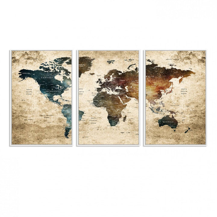 Grunge World Map Canvas featuring earth-toned continents, suitable for study, office, or living room.