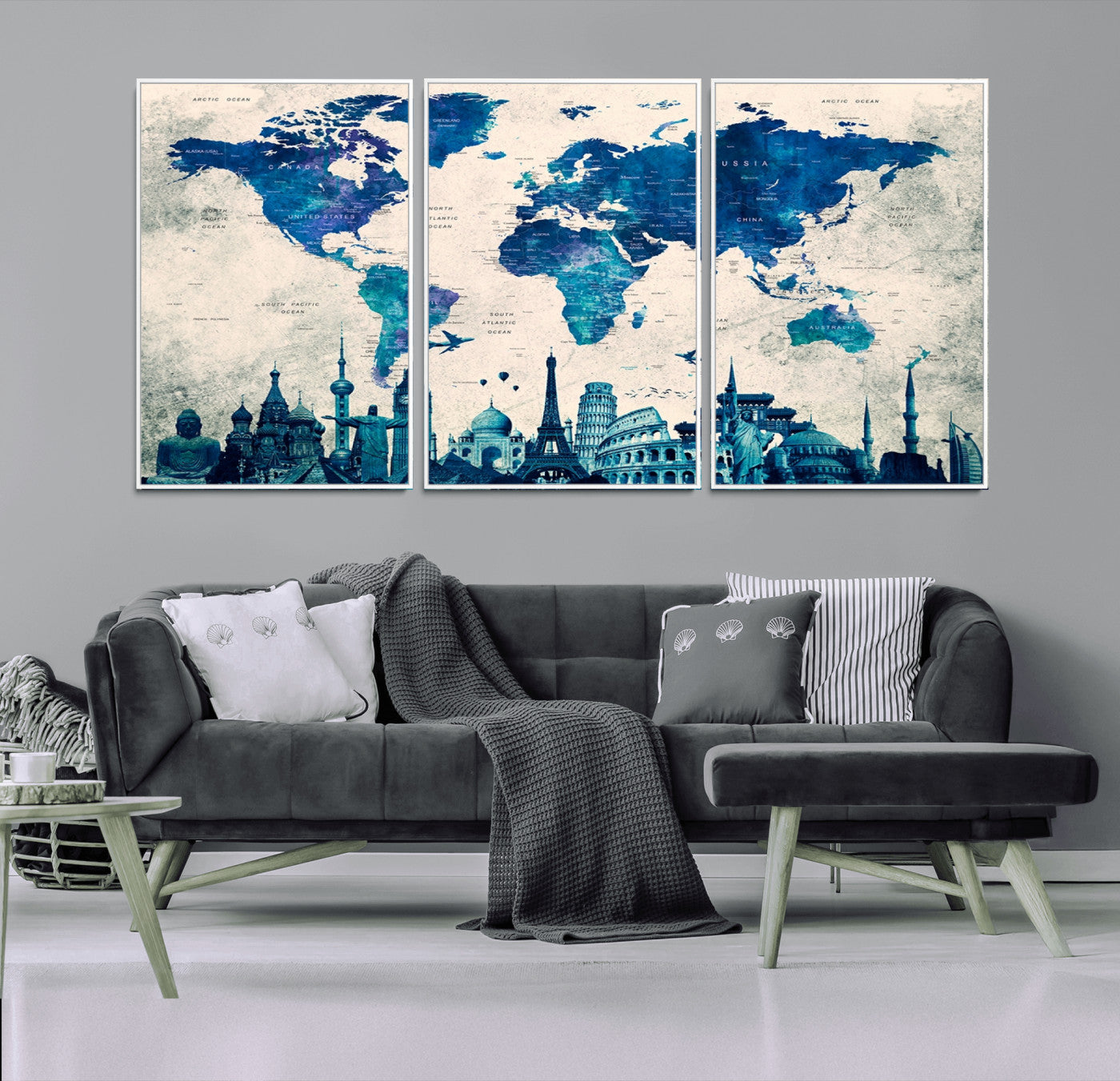 13588-MGV-FC-60X30-3P_White-Navy Blue World Map Canvas Print – Framed Push Pin Travel Map Wall Art, Elegant Adventure Decor for Home or Office