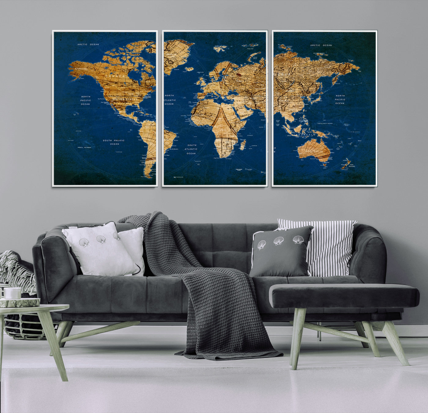 50845-MGV-CV-36X24-Navy Blue and Gold World Map Canvas Print – Framed Luxury Push Pin Wall Art, Elegant Vintage Travel Map Decor for Home or Office