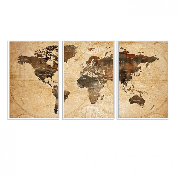 Vintage World Map: 3-Panel Canvas Print in antique rustic style. Framed and gallery wrapped. Ideal for decor.