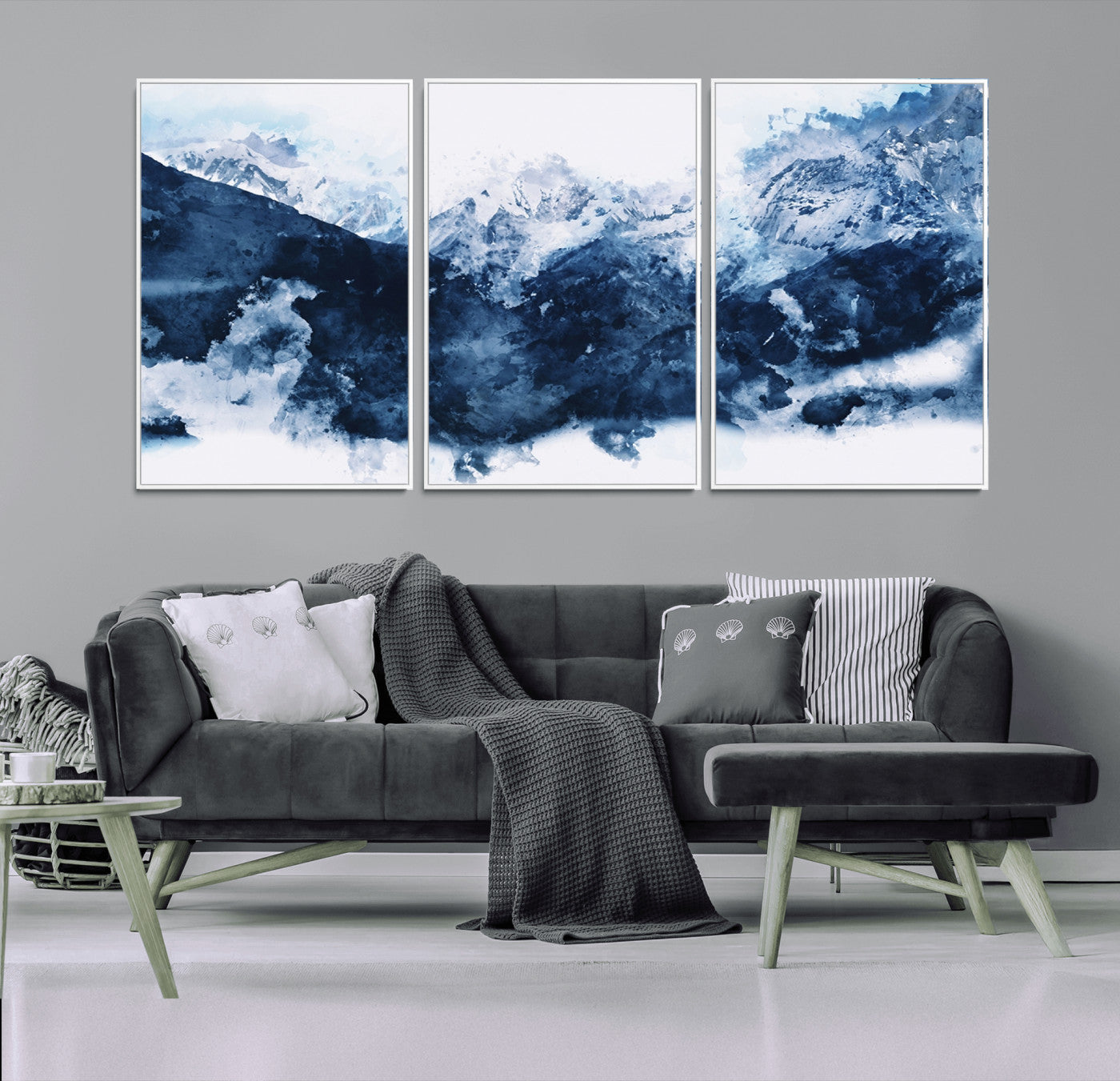 81700-MGV-CV-36X24-Abstract Blue Mountain Canvas Wall Art – Modern Triptych Landscape Print – Contemporary Nature Decor for Living Room or Office – Ready to