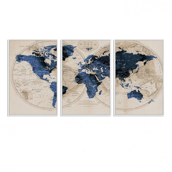 The Vintage Triptych Map Print is a grunge-stained blue and beige world map, perfect for enhancing wall decor.