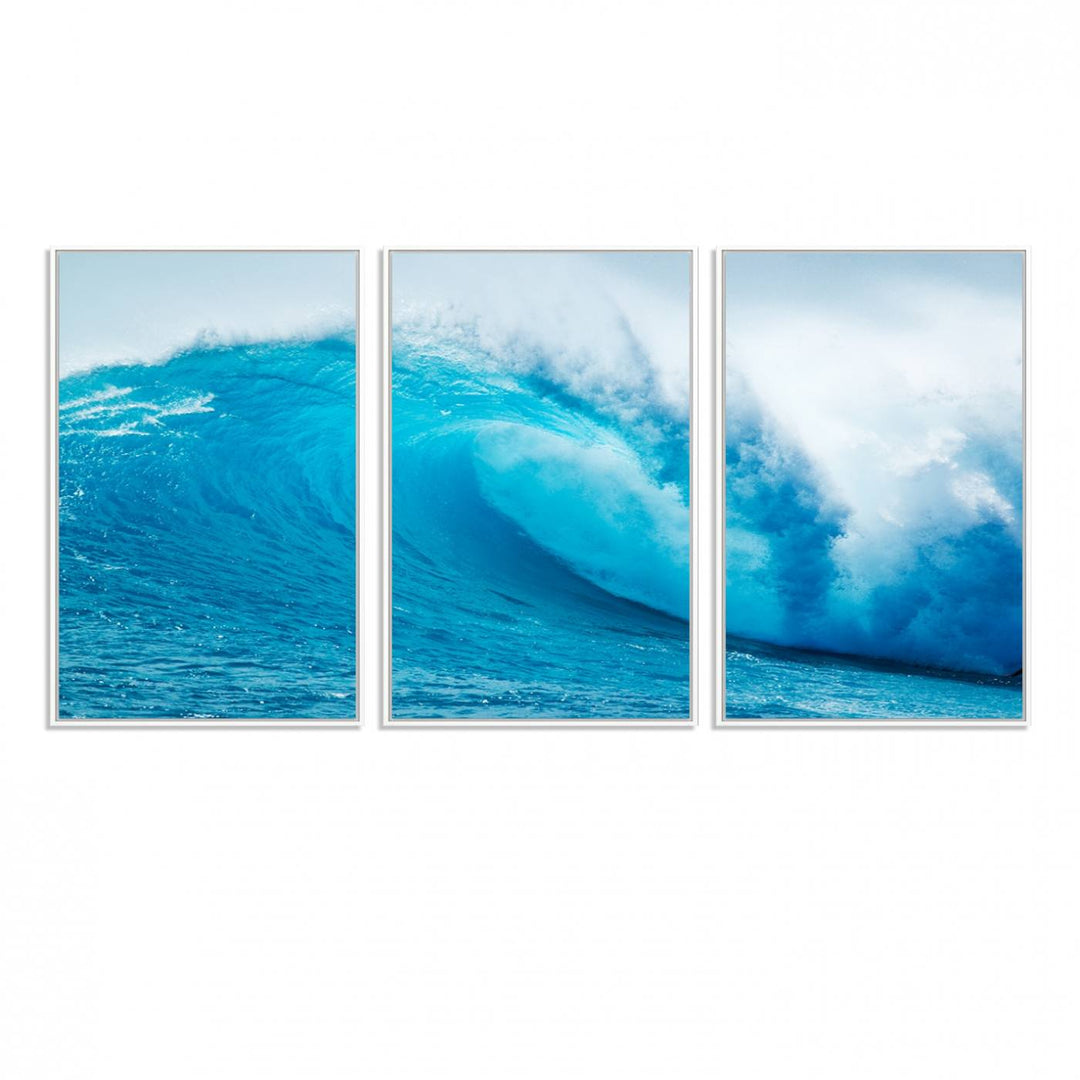 A museum-quality canvas depicting a vibrant blue ocean wave with white foam under a clear sky.