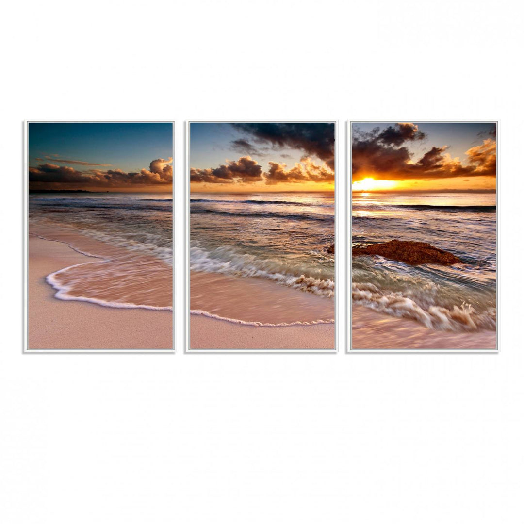 The Sunset on Ocean Wall Art Canvas Print beautifully captures a beach sunset, gentle waves, and a peaceful atmosphere.