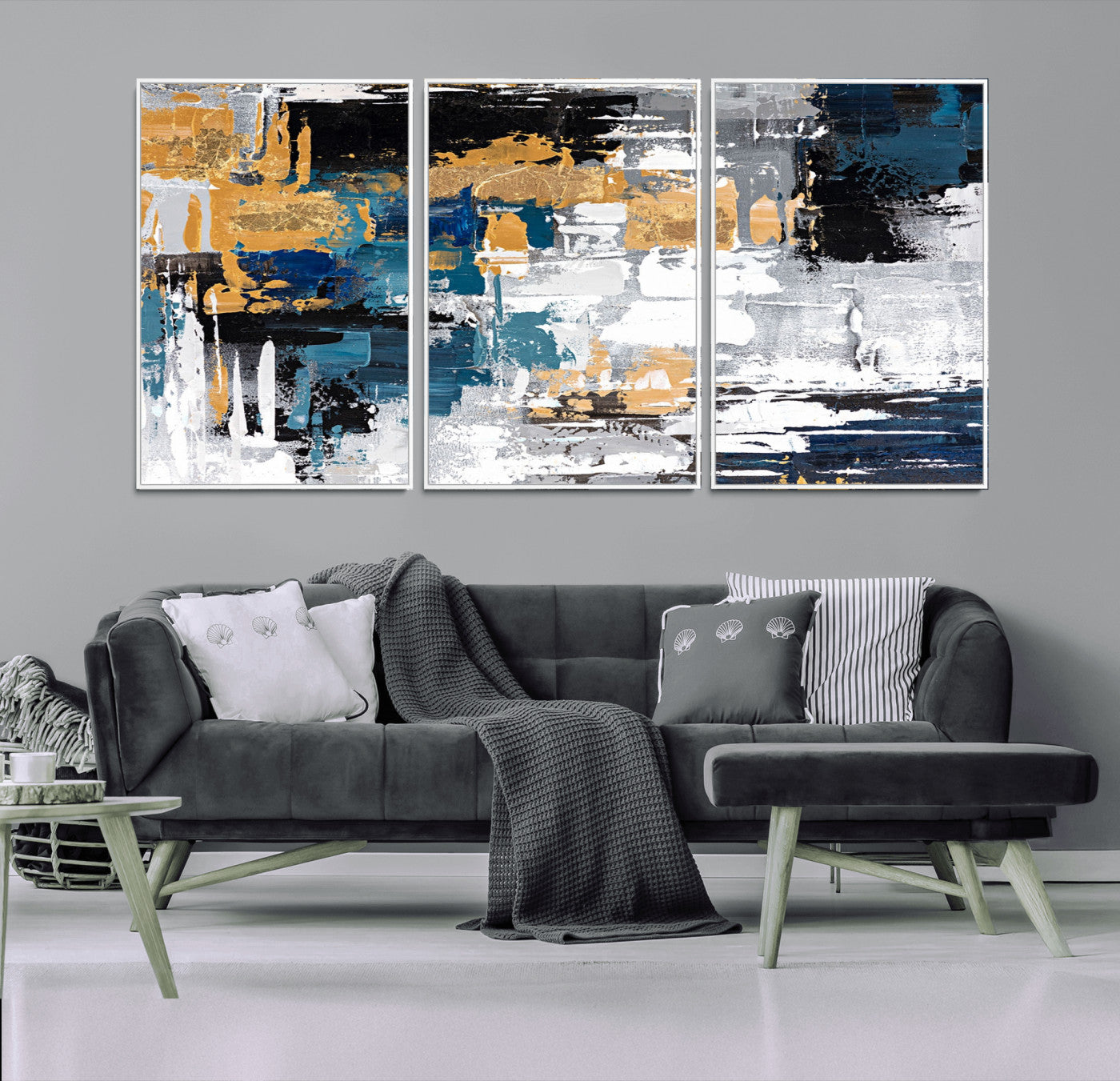 -Blue and Gold Abstract Canvas Wall Art – Triptych Modern Painting for Living Room – Framed and Ready