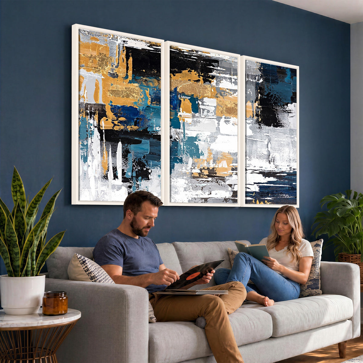 57708-_Poster-30x20 - Blue and Gold Abstract Canvas Wall Art | Triptych Modern Art Print
