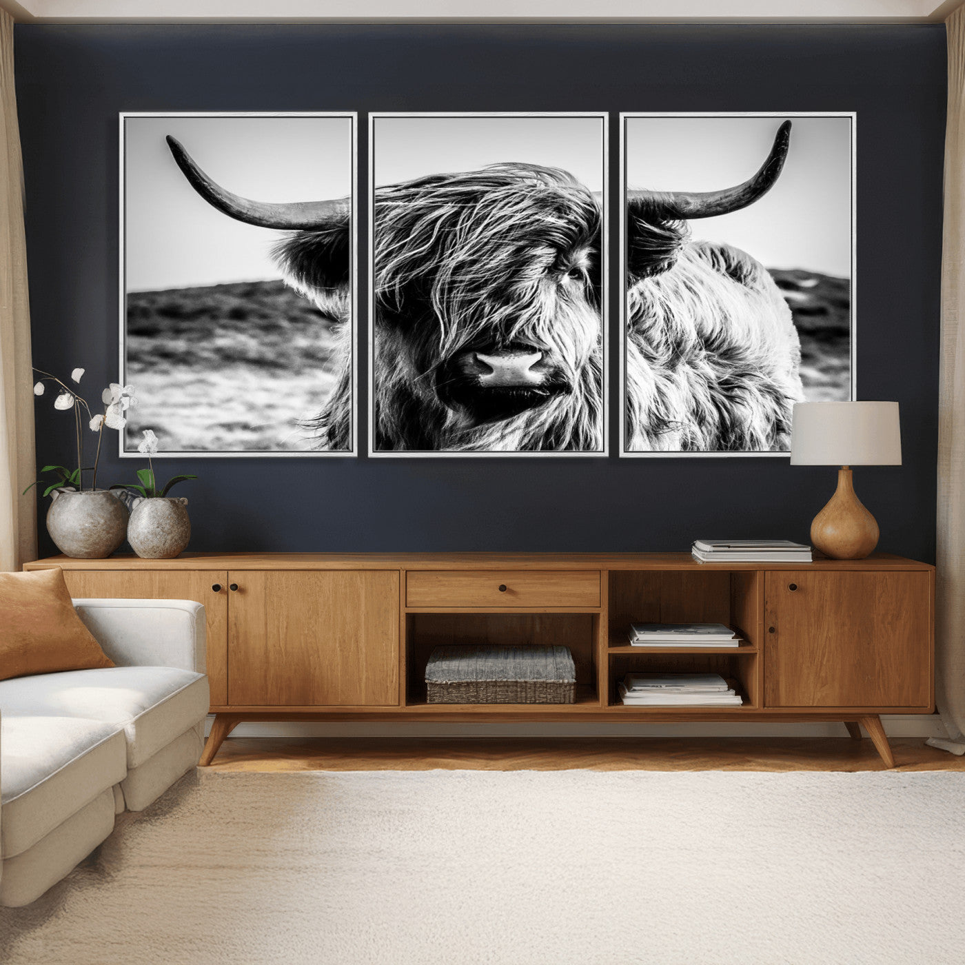 54309-MGV-CV-36X24 - Black and White Scottish Cow Canvas Wall Art Highland Cattle Canvas Print Framed Ready to Hang Original Cotton Canvas High Quality Image Multi Panel Wall Art Printable Artwork for Walls