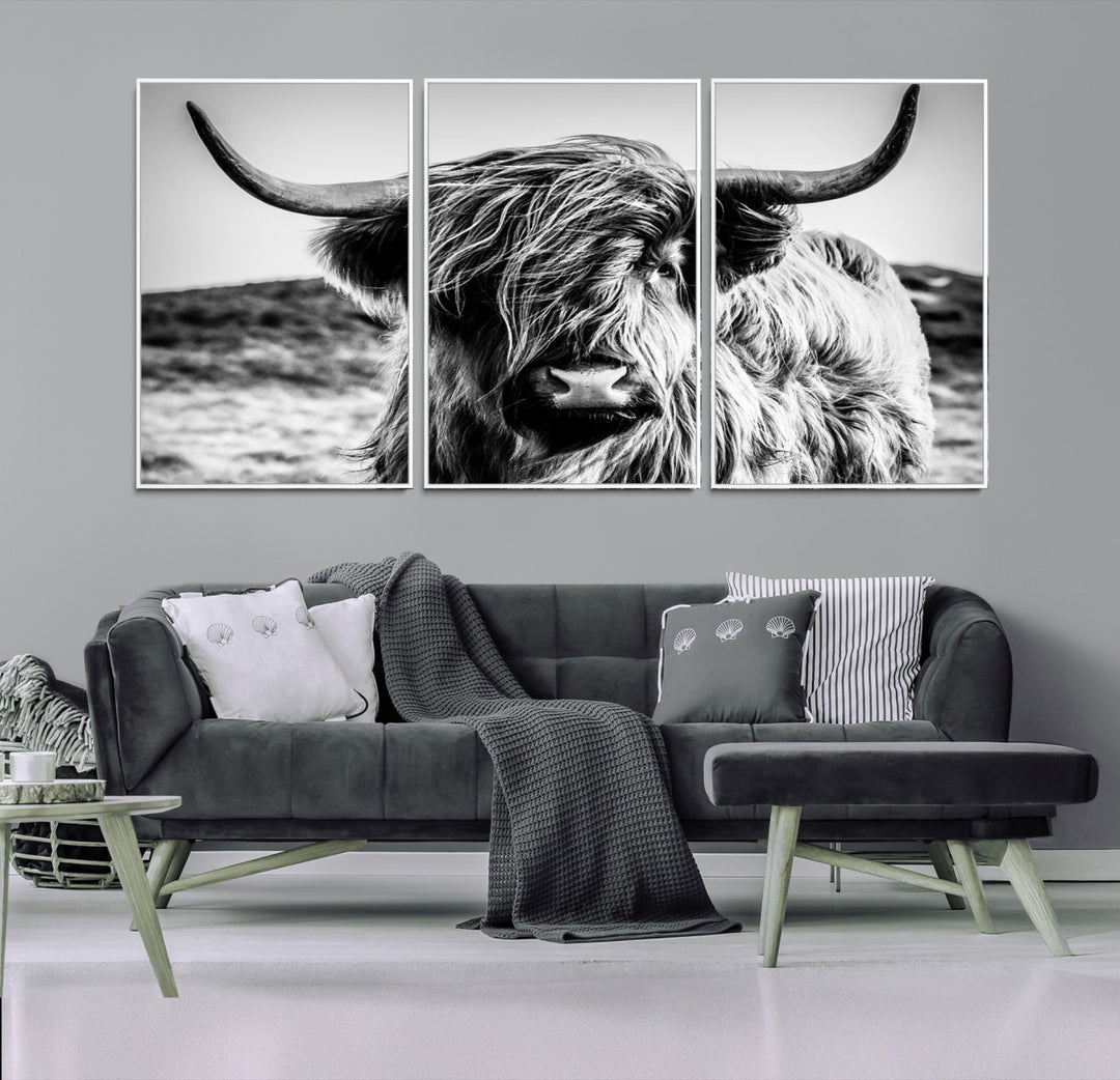 Highland Cow Wall Art | 3-Panel Black and White Highland Cow Canvas Print for Western Farmhouse Decor