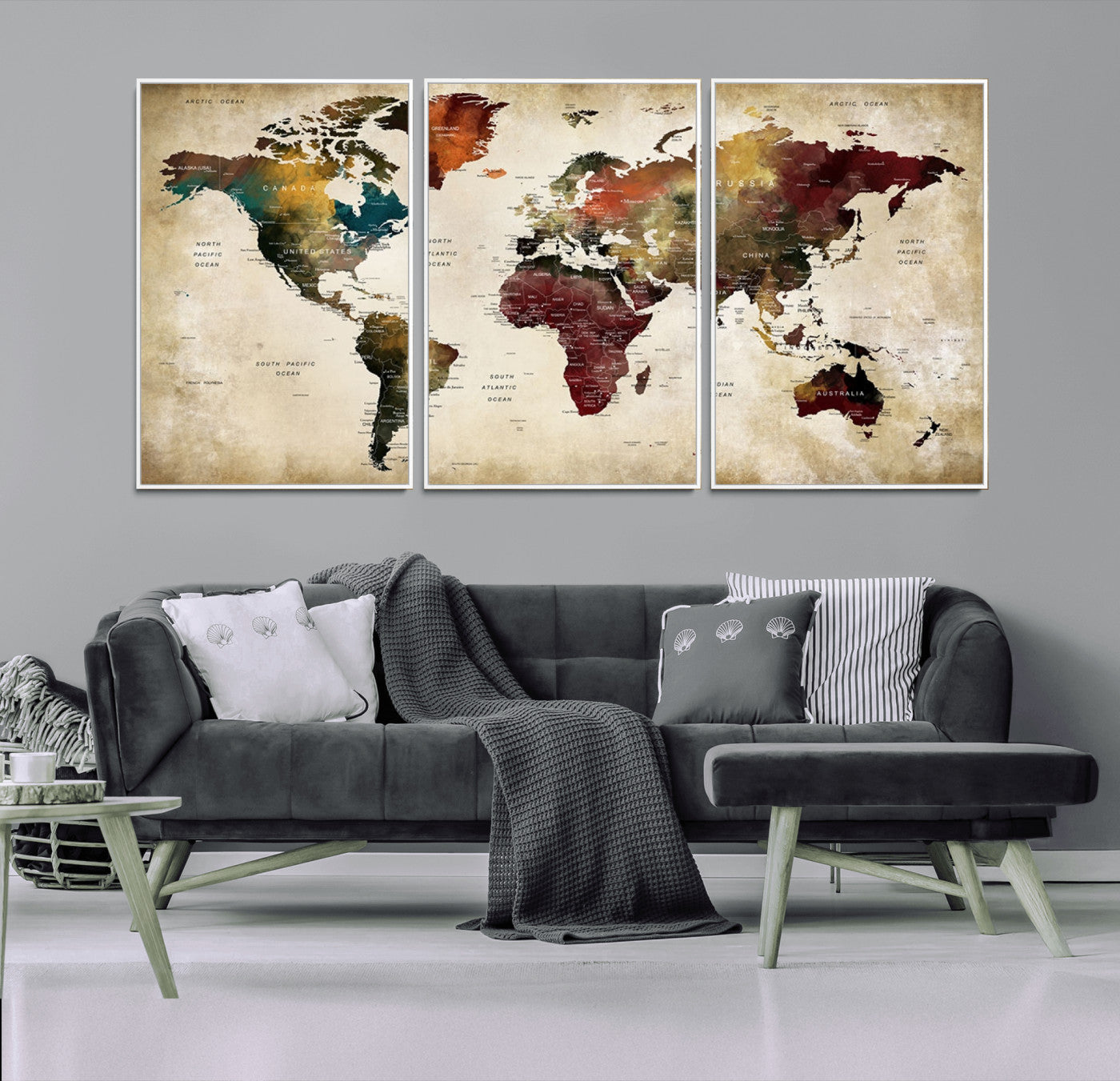 -Large World Map Wall Art Canvas Print, Framed Push Pin Map Art Picture Print, Abstract Traveller Map Perfect Modern Decor Artwork