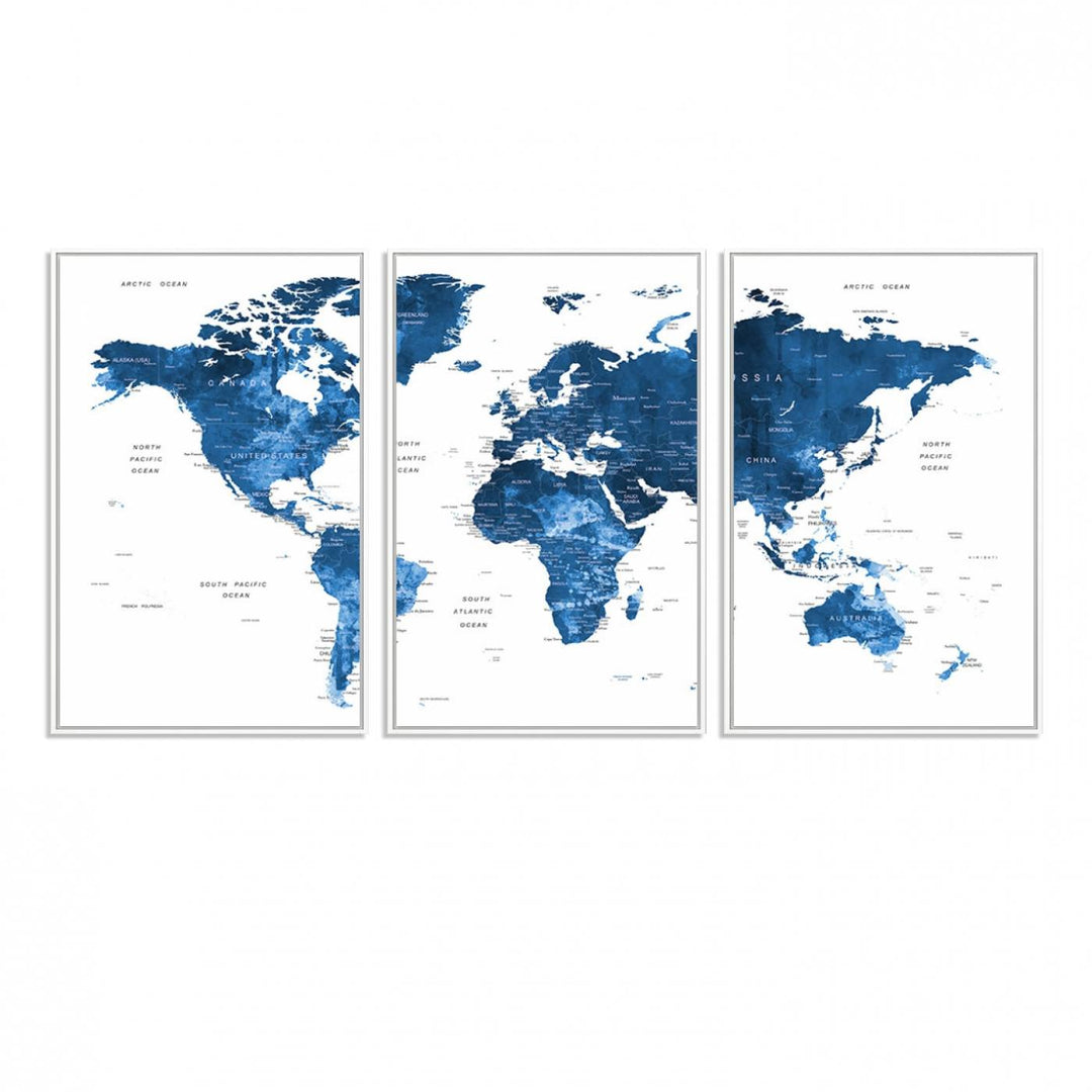 Navy Blue Wall Art World Map Canvas Print, an ideal piece for anyone seeking unique home or office decor.