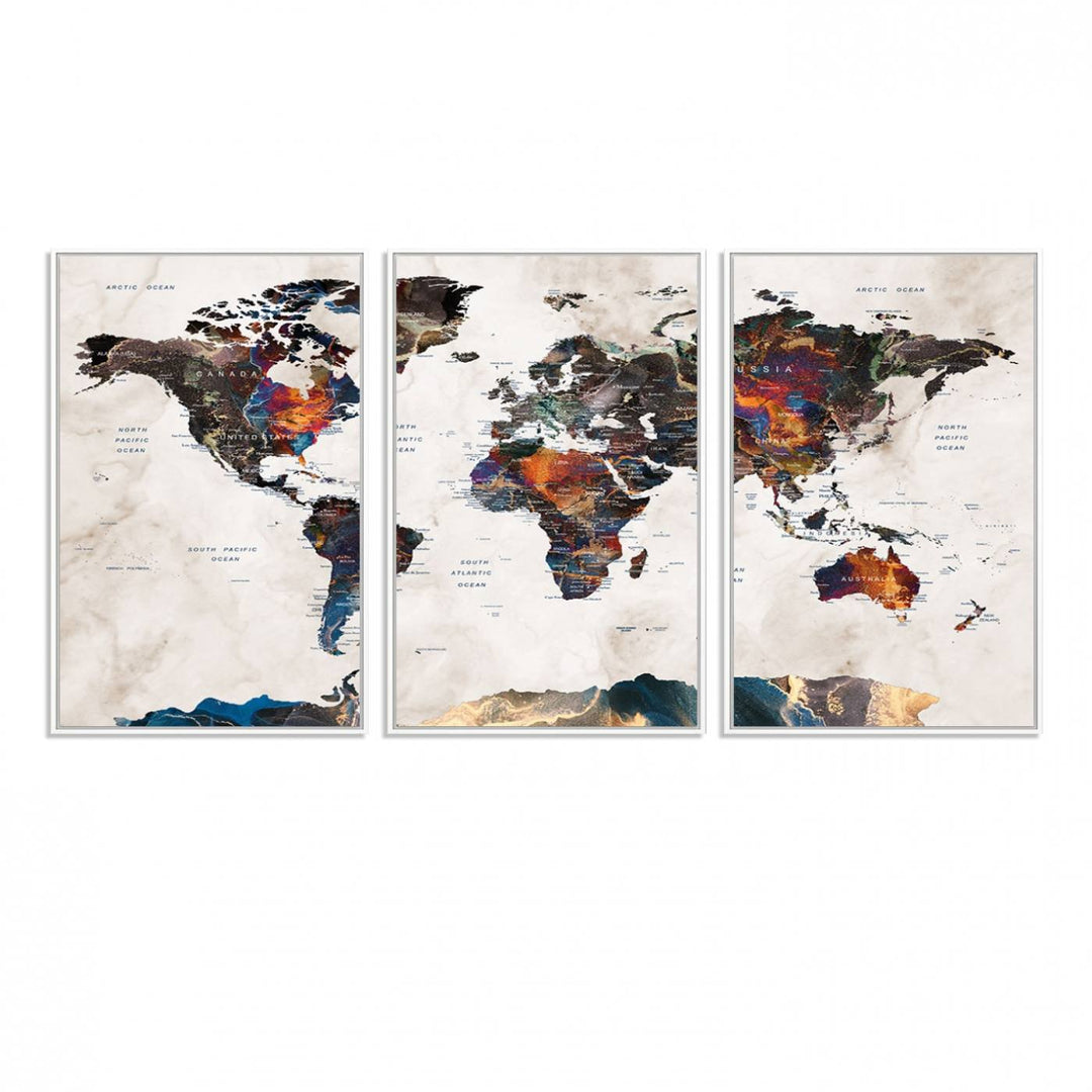 Watercolor World Map Canvas Print in earthy hues with a grunge background, ideal for wall decor.