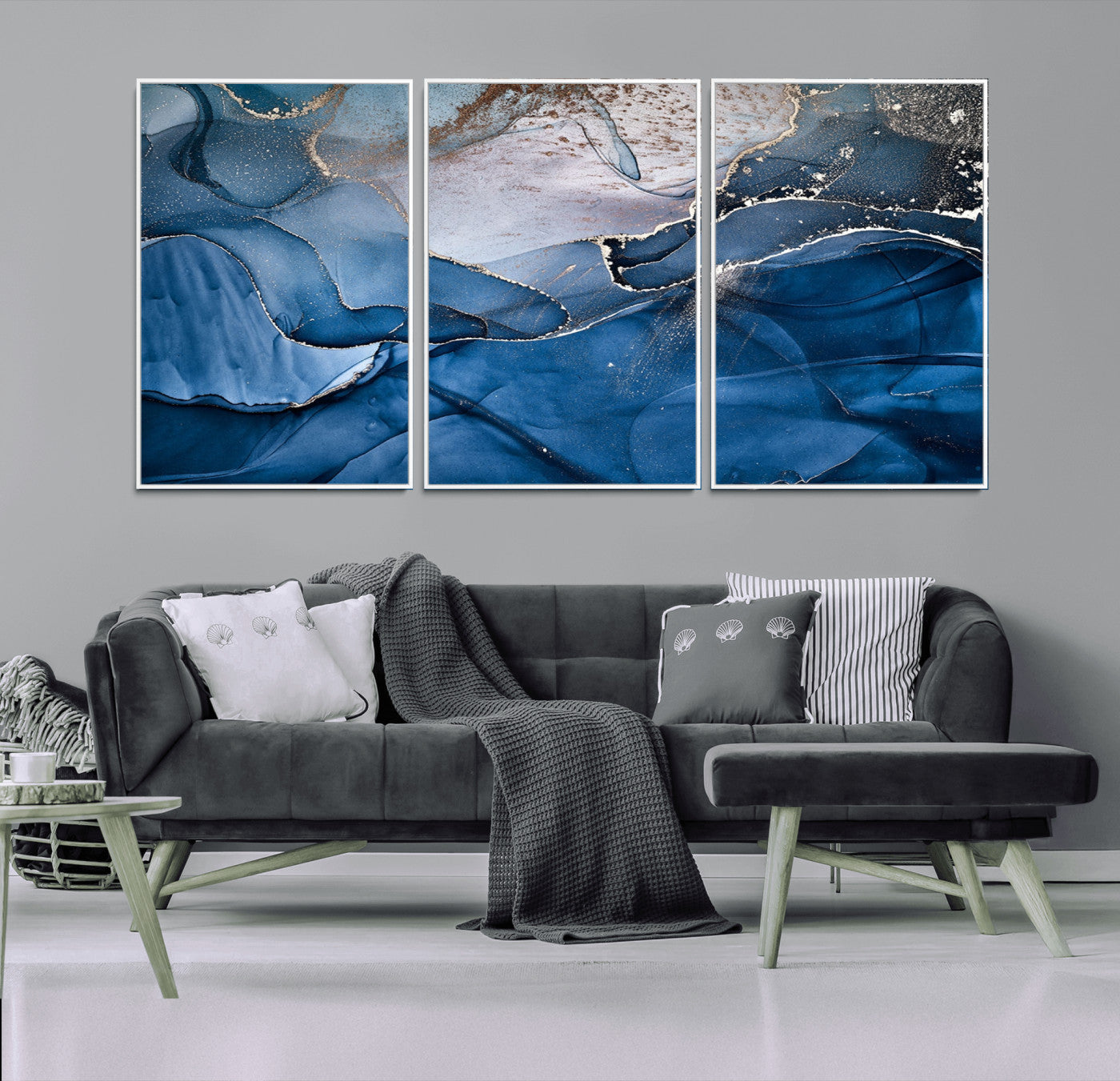 27810-MGV-CV-36X24-Navy Blue Canvas Art Abstract Print – Elegant Triptych Modern Art Print – Contemporary Decor for Living Room or Office