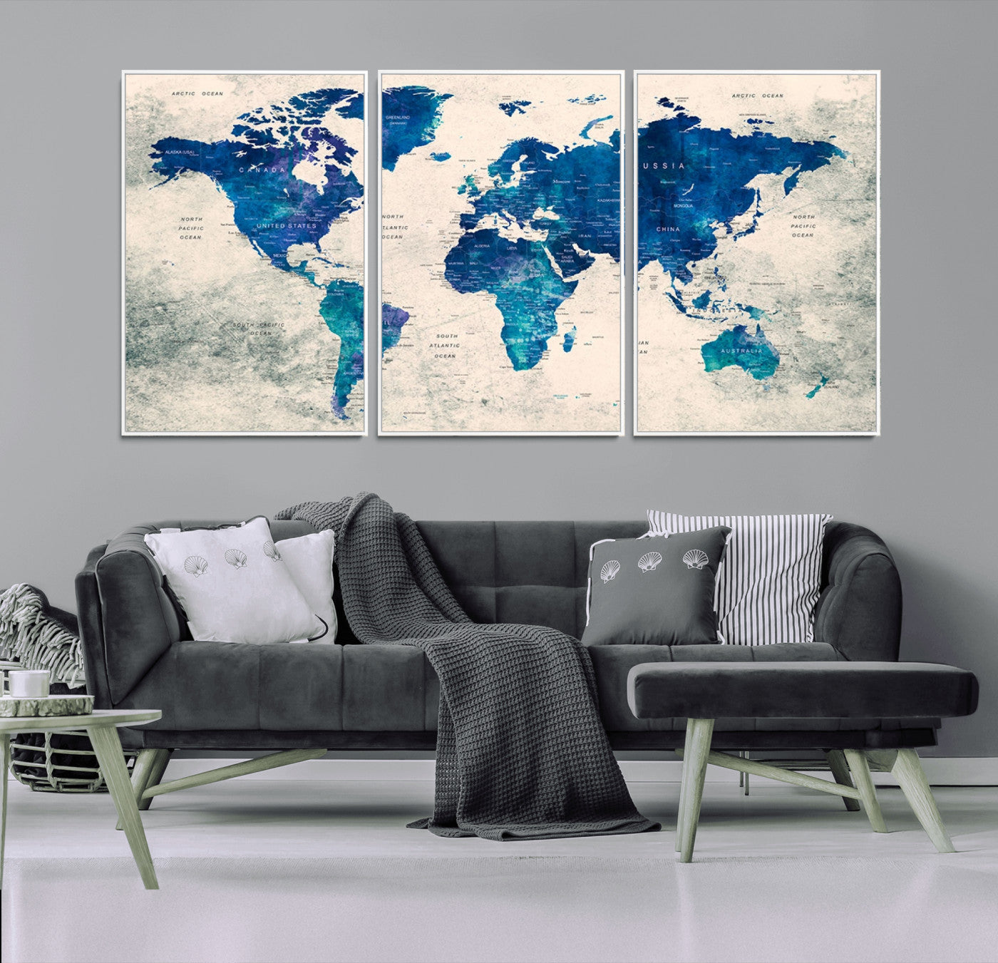 43947-MGV-CV-36X24-Blue Watercolor World Map Canvas Print – Framed Modern Wall Art, Elegant Push Pin Travel Map Decor for Home Office or Living Room