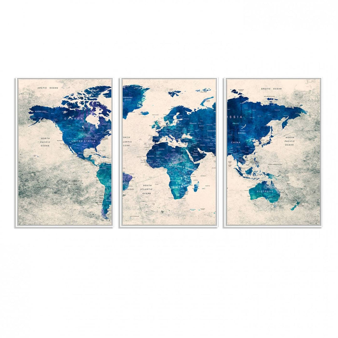 Navy Blue Push Pin World Map Canvas Print featuring a grunge-stained background, with labeled countries and oceans.