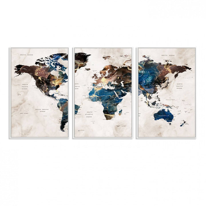 Abstract earth-toned 3-panel world map wall art featuring blues and browns, ready to hang; it showcases continents on modern canvas.