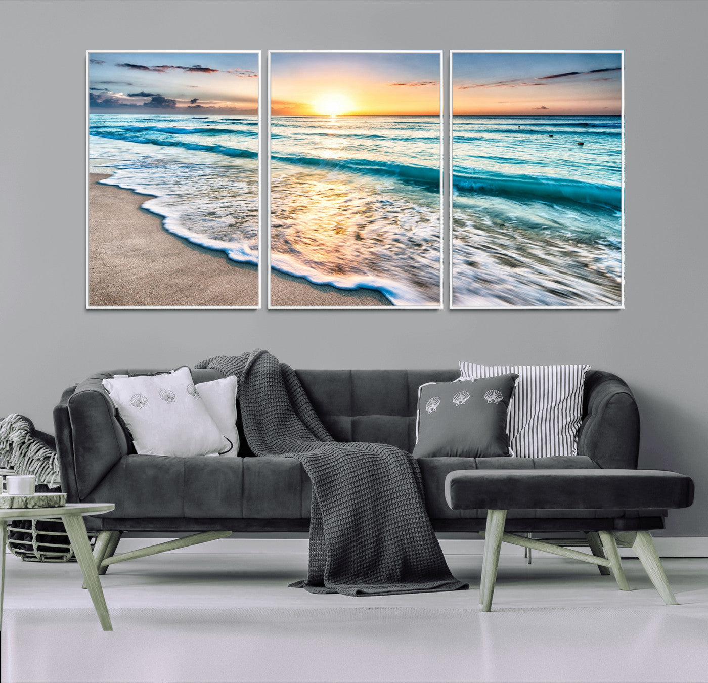 27815-MGV-FC-60X30-3P_White-Sunset Beach Waves Canvas Wall Art – 5-Panel Ocean Sunset Print – Coastal Decor for Living Room or Bedroom – Ready to Hang