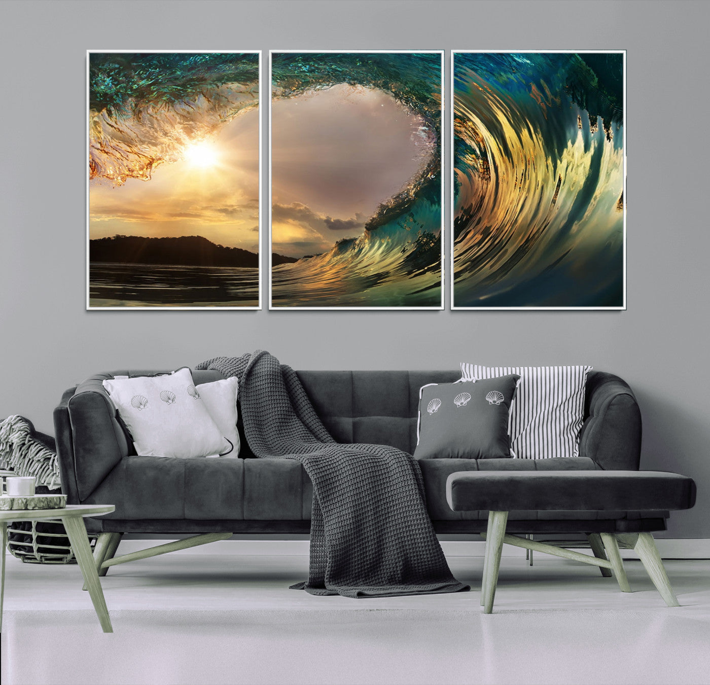 MGV-FC-60X30-3P - Golden Wave Sunset Giclee Canvas Print – Large Coastal Wall Art for Nature Lovers, Captivating Ocean Wave Decor