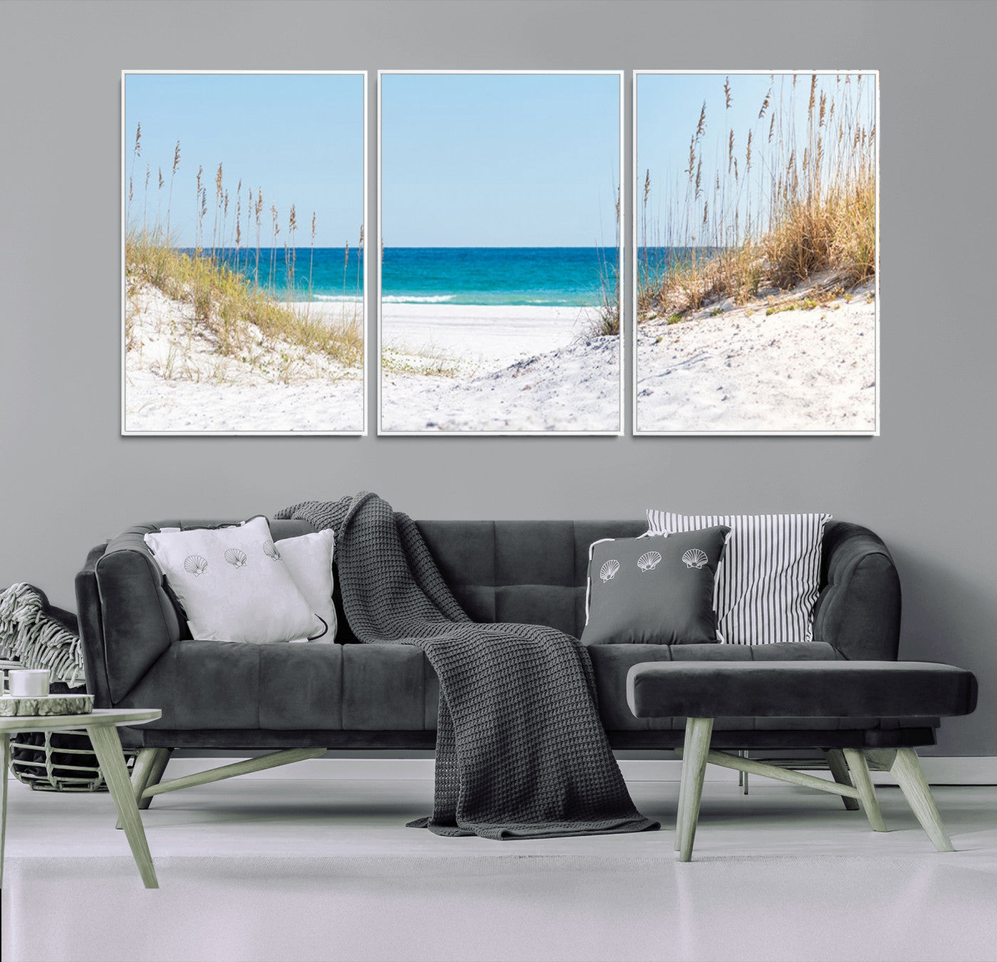 58498-MGV-CV-36X24-Serene Coastal Dune Path with Ocean View, 3-Panel Beach Canvas Wall Art, Tranquil Seascape Giclee