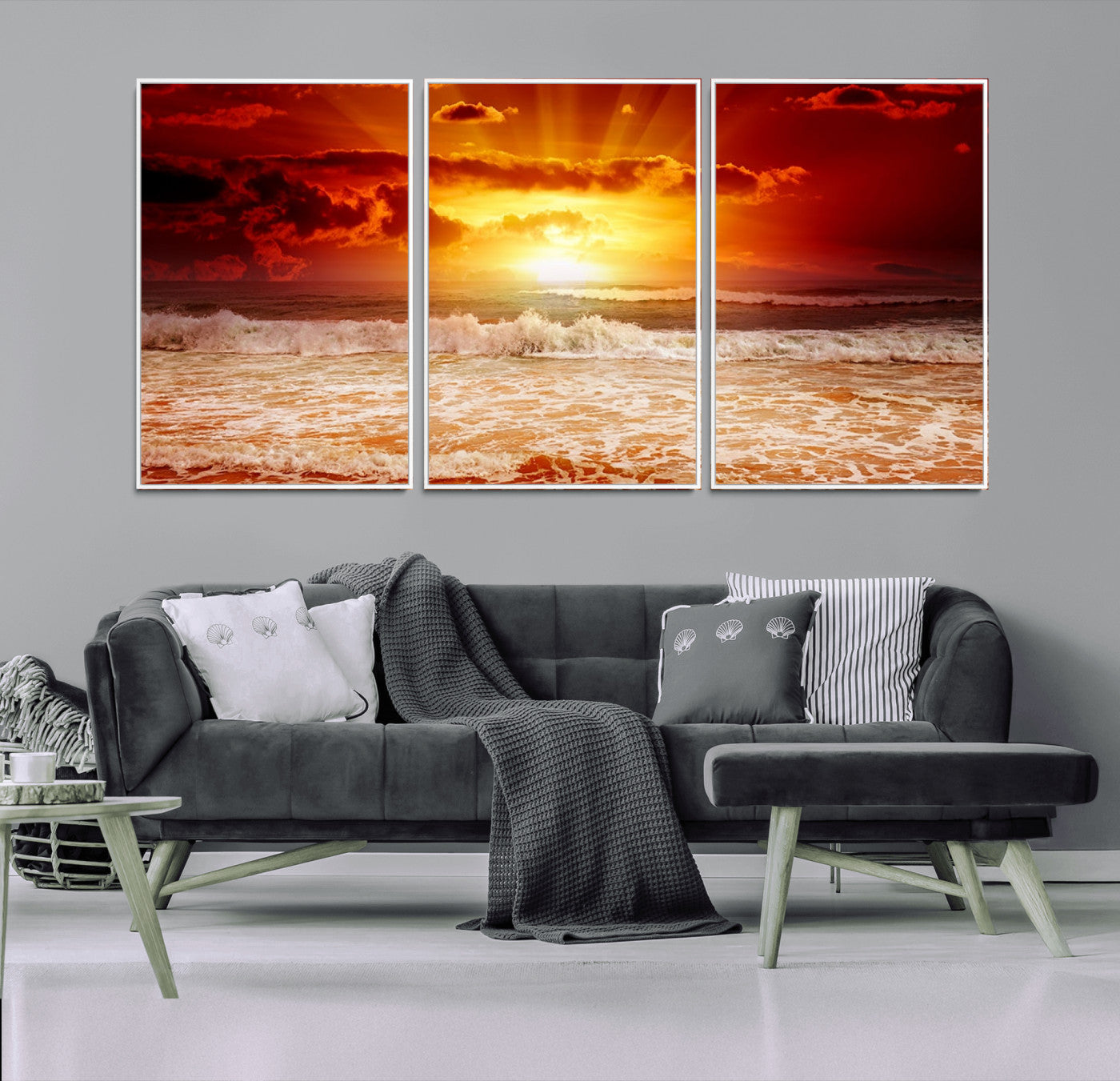 MGV-FC-60X30-3P - Red Sunset Ocean Beach Canvas Wall Art Beach Canvas, Coastal Sunset Print