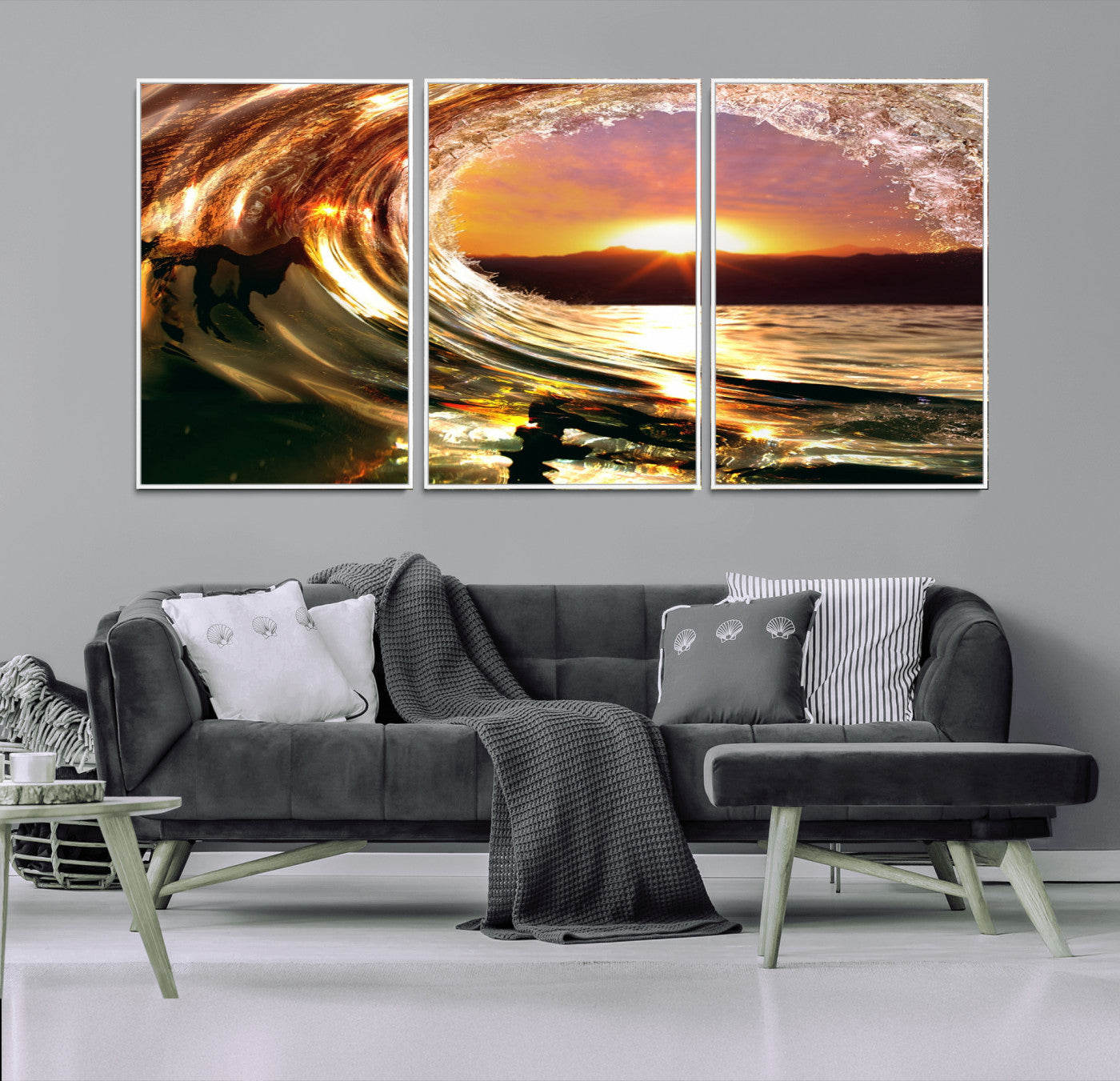 MGV-FC-60X30-3P - Golden Wave Sunset Triptych Canvas Art, Giclee Canvas Print of Ocean Wave and Sunset, Framed Ocean