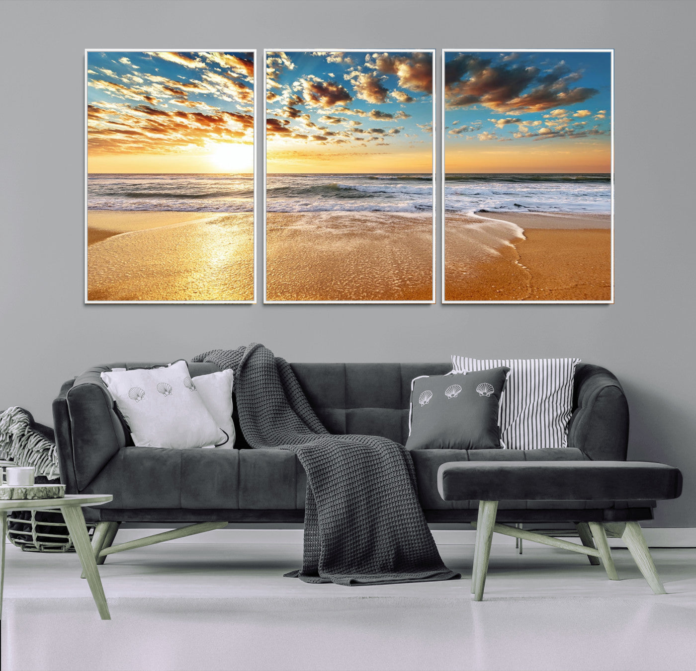 MGV-FC-60X30-3P - Golden Sunset Beach Print Canvas Wall Art, Giclee Canvas Print with Canon Print Quality, Triptych