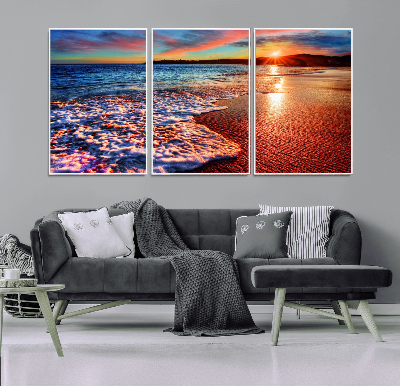 MGV-FC-60X30-3P - Colorful Coastal Sunset on the Beach Canvas Print, Ocean Waves Crashing at Dusk, Multi-Panel Seascape Vibrant Coastal Wall Art Canvas Print