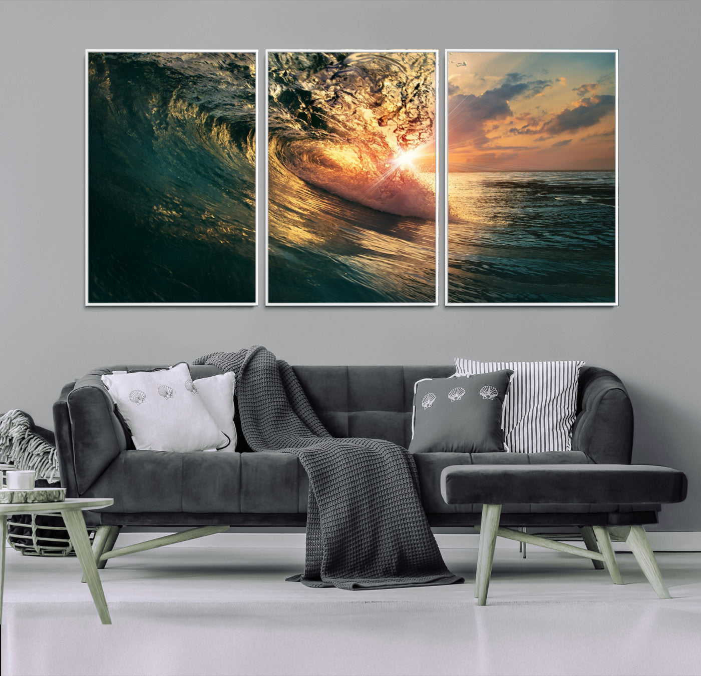 55359-MGV-FC-60X30-3P_White-Ocean Wave Sunset Canvas Wall Art – Triptych Seascape Print – Framed and Ready to Hang for Living