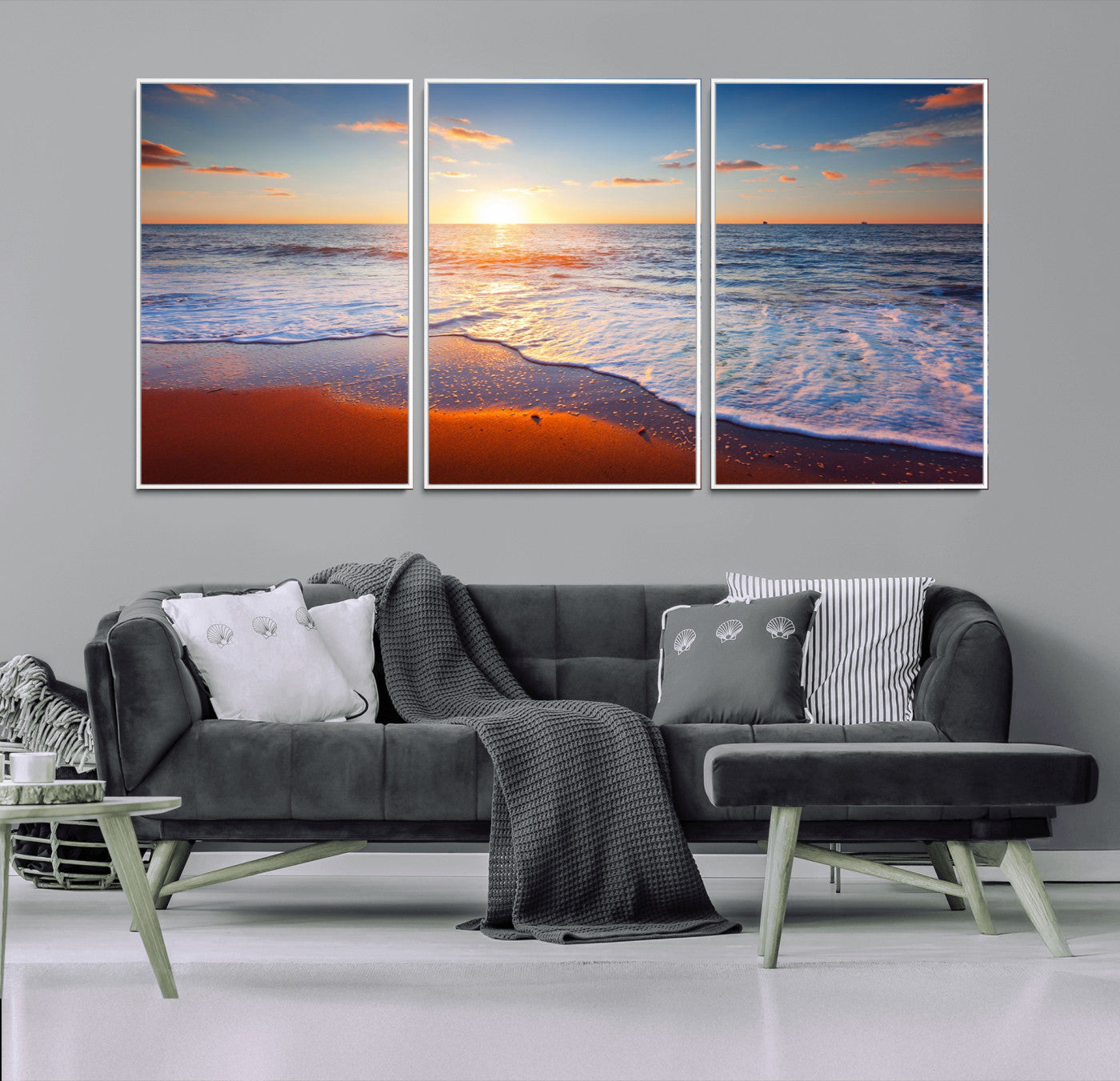 96736-MGV-FC-60X30-3P-Tropical Ocean Sunset Wall Art Canvas Print, Golden Beach Horizon Coastal Island Decor for Home, Office