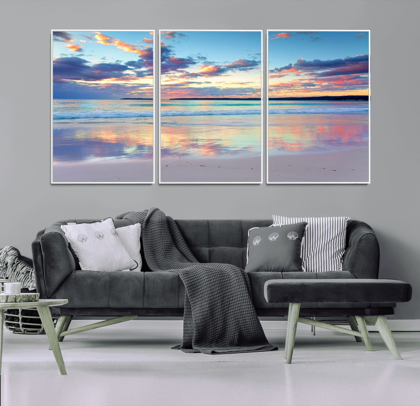 MGV-FC-60X30-3P - Tranquil Pastel Sunset Beach Triptych Canvas Art, Soothing Coastal Ocean Shoreline Giclee Print,