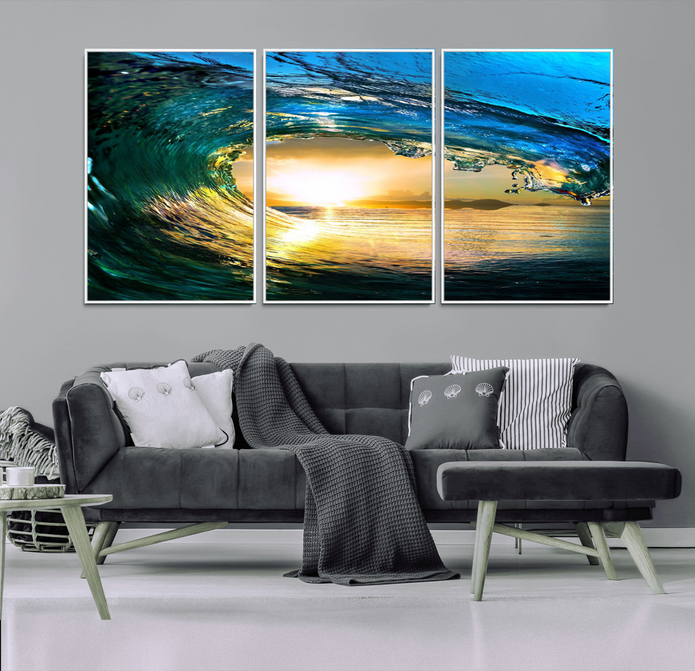MGV-FC-60X30-3P - Ocean Wave at Sunset Canvas Art, Large Wall Print of Vibrant Water Waves, Coastal Art for Living Room and Dining Room