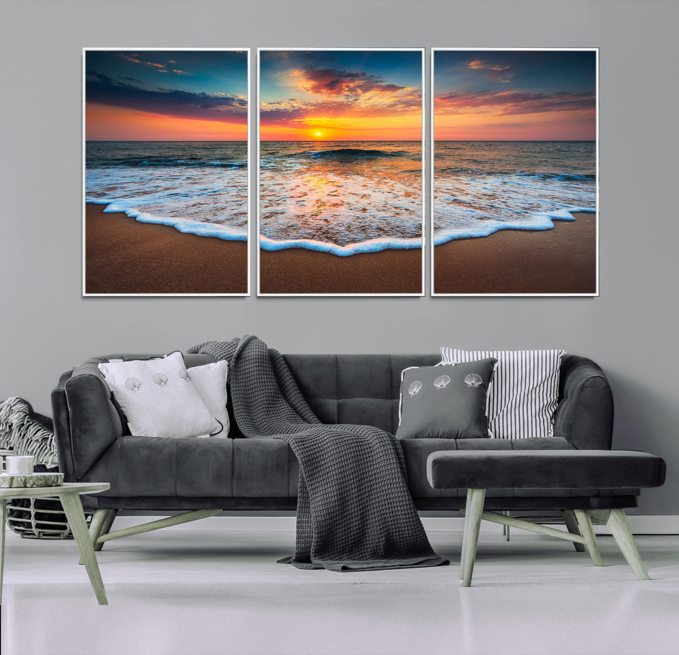 MGV-FC-60X30-3P - Sunset Beach Canvas Wall Art – Colorful Ocean Waves Triptych – Coastal Decor for Living Room or