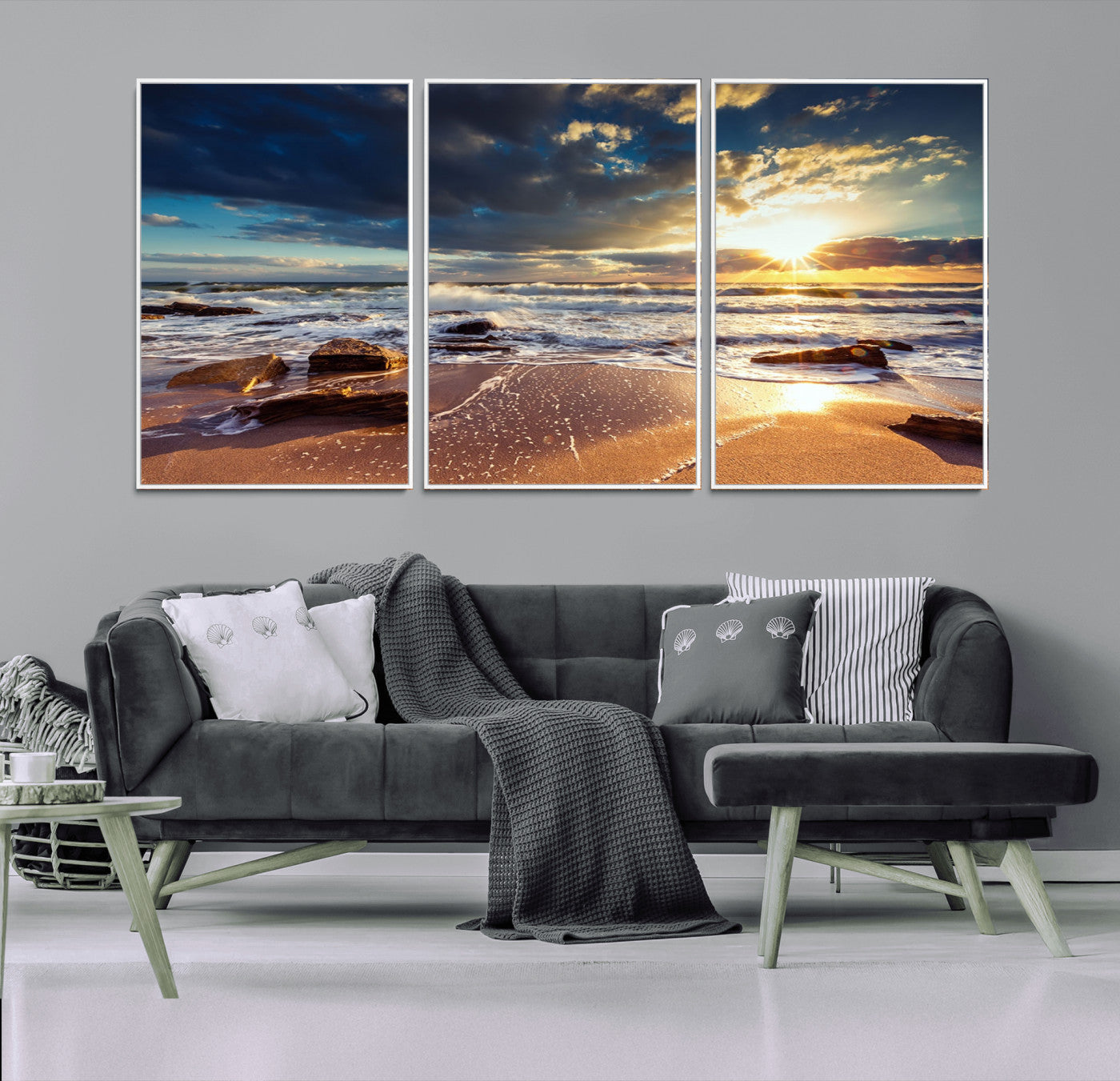 MGV-FC-60X30-3P - Golden Hour Beach Sunset Canvas Triptych, Ocean Waves and Rocks Wall Art for Coastal Home Decor