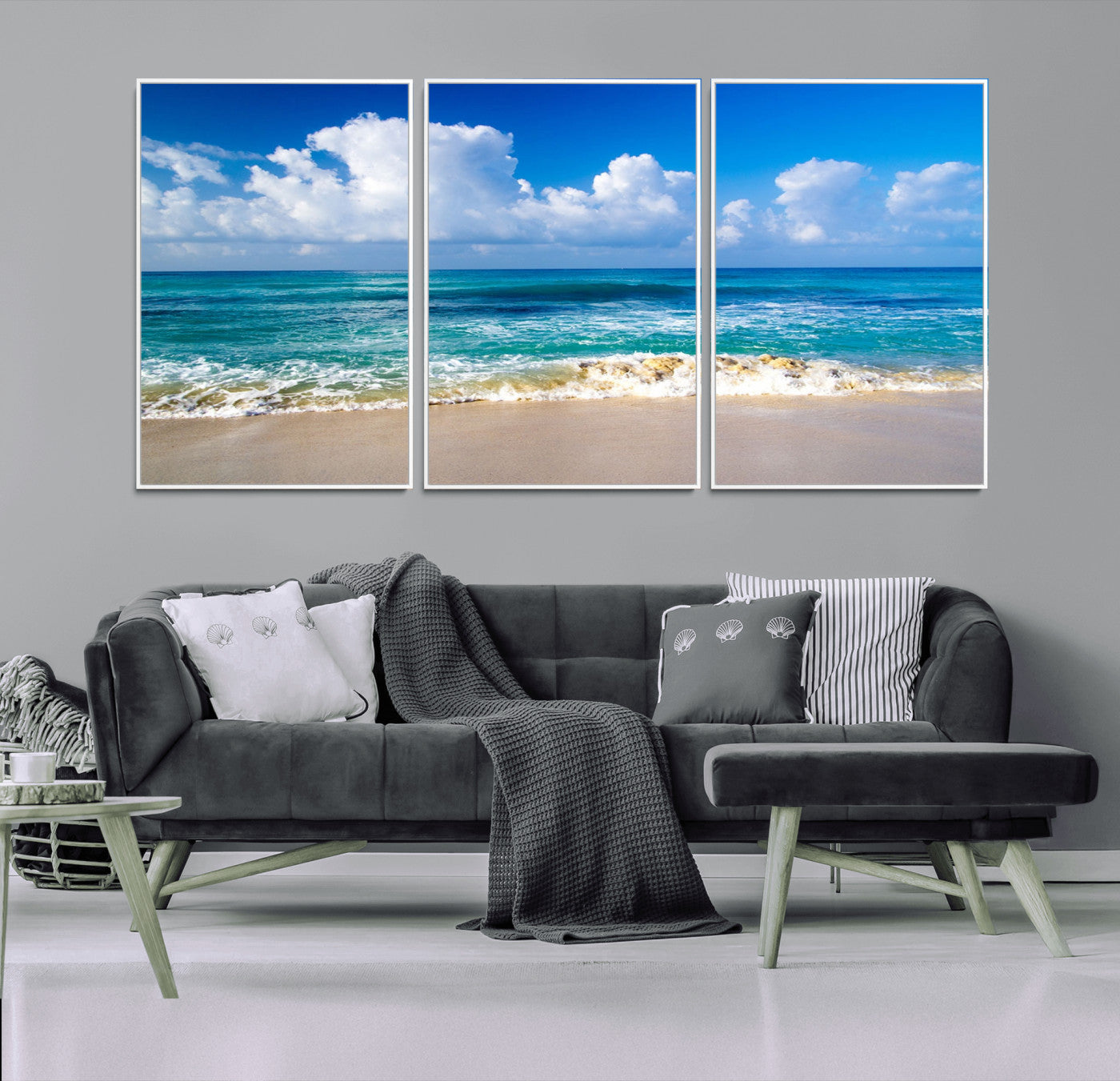60364-MGV-CV-36X24-Tropical Beach 3-Panel Canvas Wall Art – Serene Ocean Waves and Blue Sky Wall Art Print
