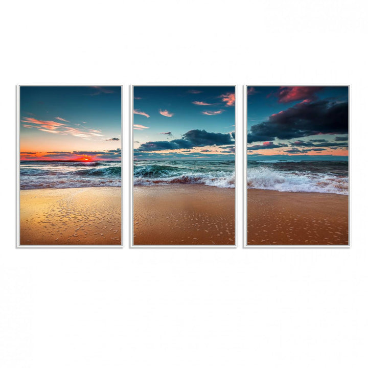 Sunset on Beach Wall Art: Waves under a vibrant sky. Crafted on museum-quality canvas, ready to hang and admire.