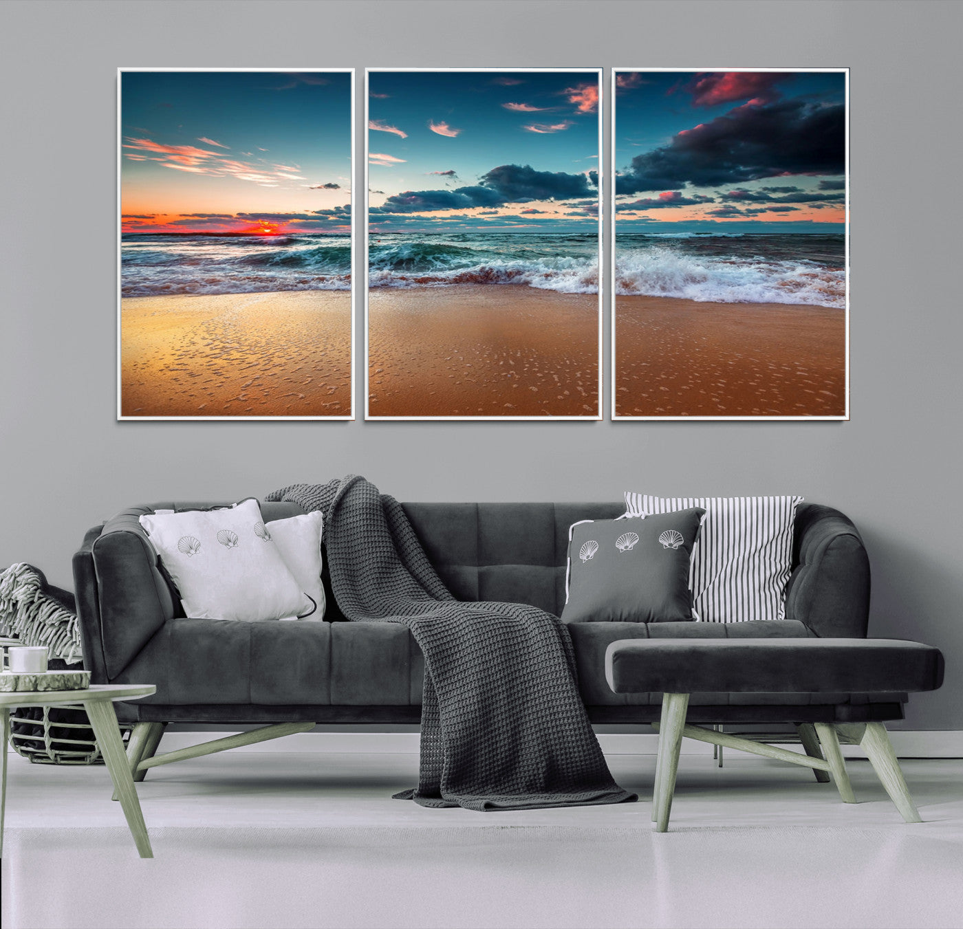 MGV-FC-60X30-3P - Sunset Ocean Beach Wall Art – Giclee Canvas Print, Coastal Seascape, Ready to Hang, Beach Decor, Large 3-Panel Set for Living Room