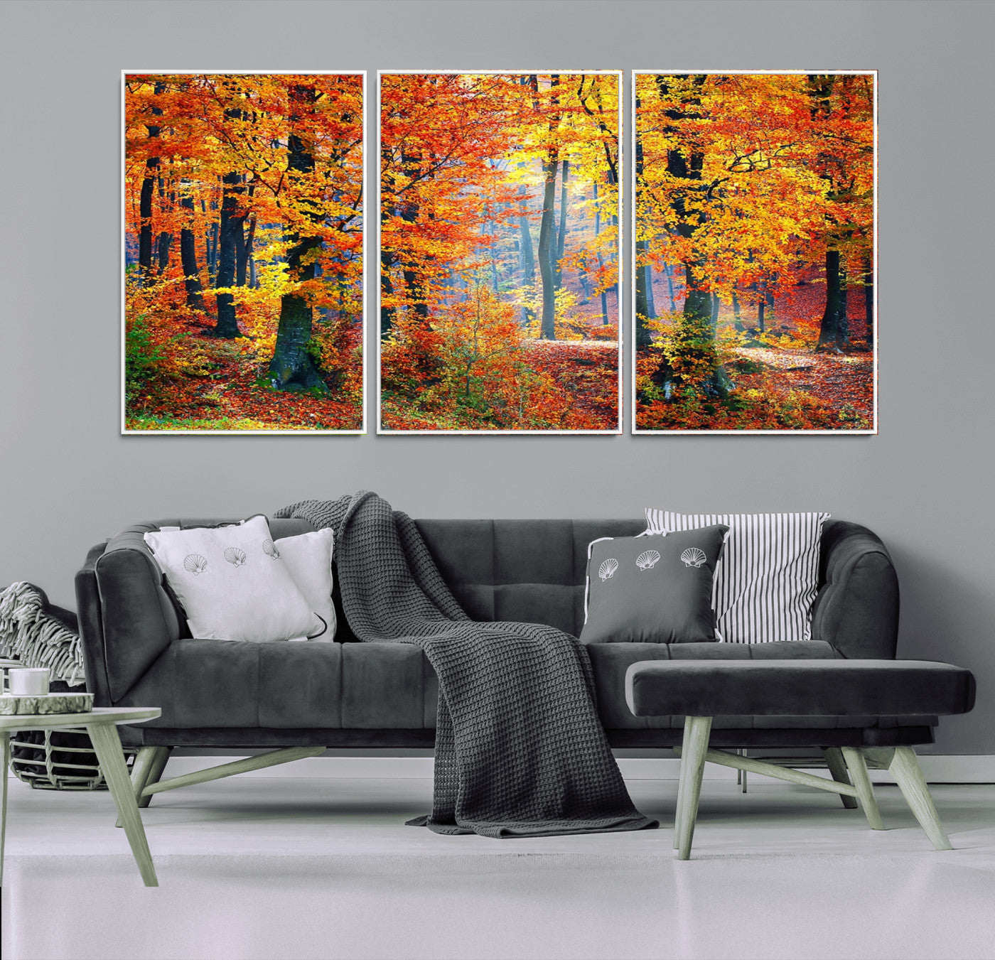 MGV-FC-60X30-3P - Autumn Red Forest Triptych Canvas Wall Art Print, Forest Wall Decor, Fall Landscape Art | Season