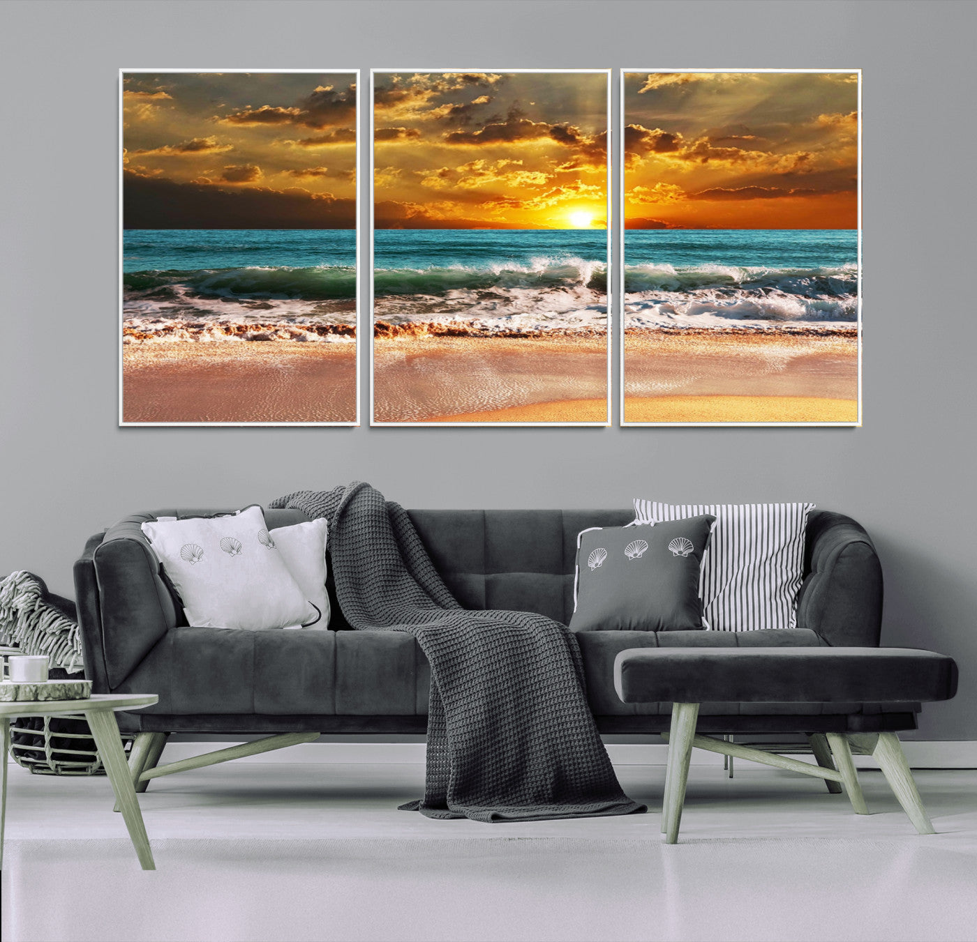 16495-MGV-FC-60X30-3P_White-Golden Sunset Beach Canvas Wall Art – Triptych Seascape Print – Framed and Ready to Hang for Living