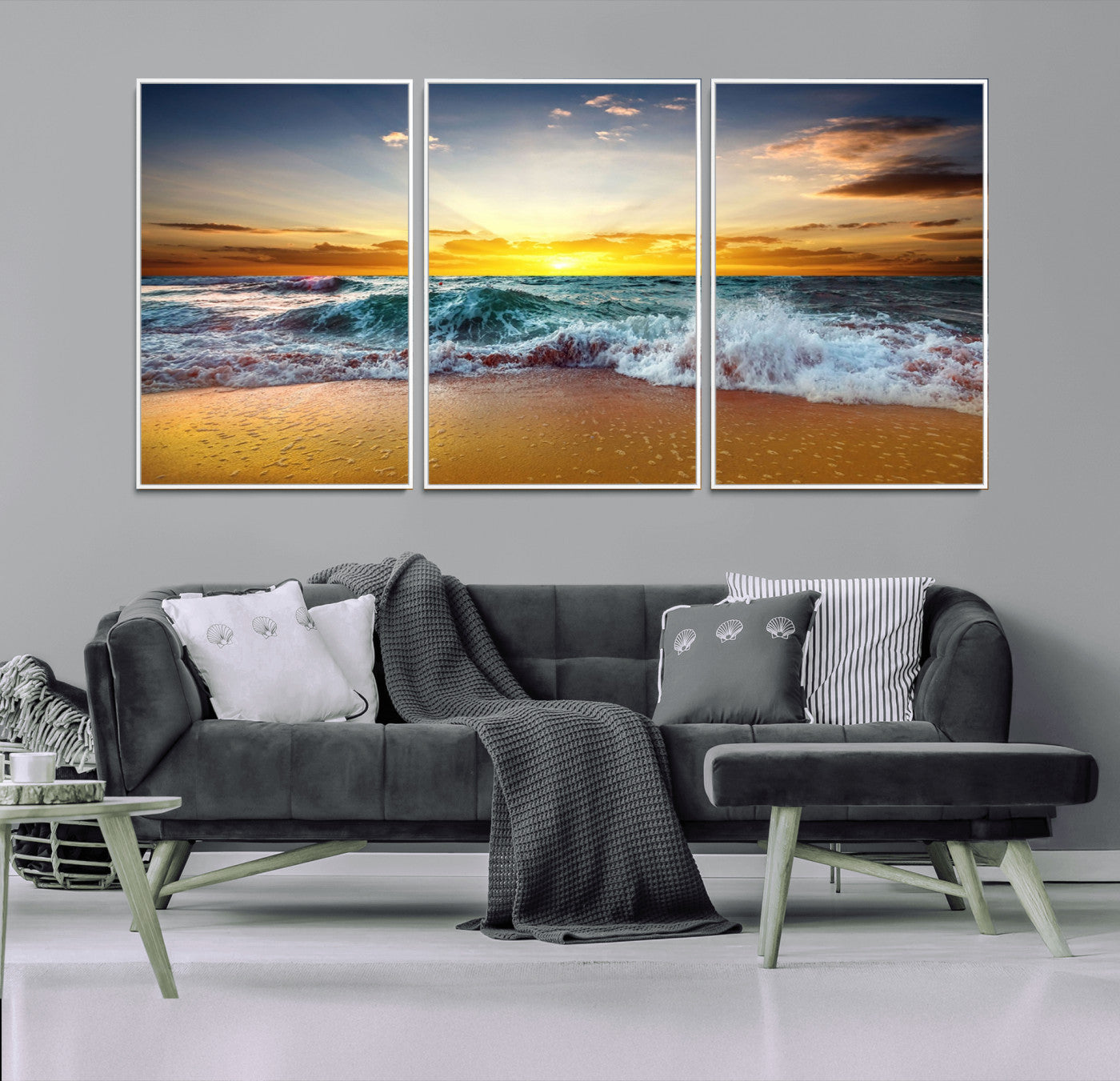 MGV-FC-60X30-3P - Golden Sunset Ocean Waves Wall Art Canvas Print – Multi Panel Beach Canvas Print Set – Large Coastal Triptych Print for Home or Farmhouse Decor