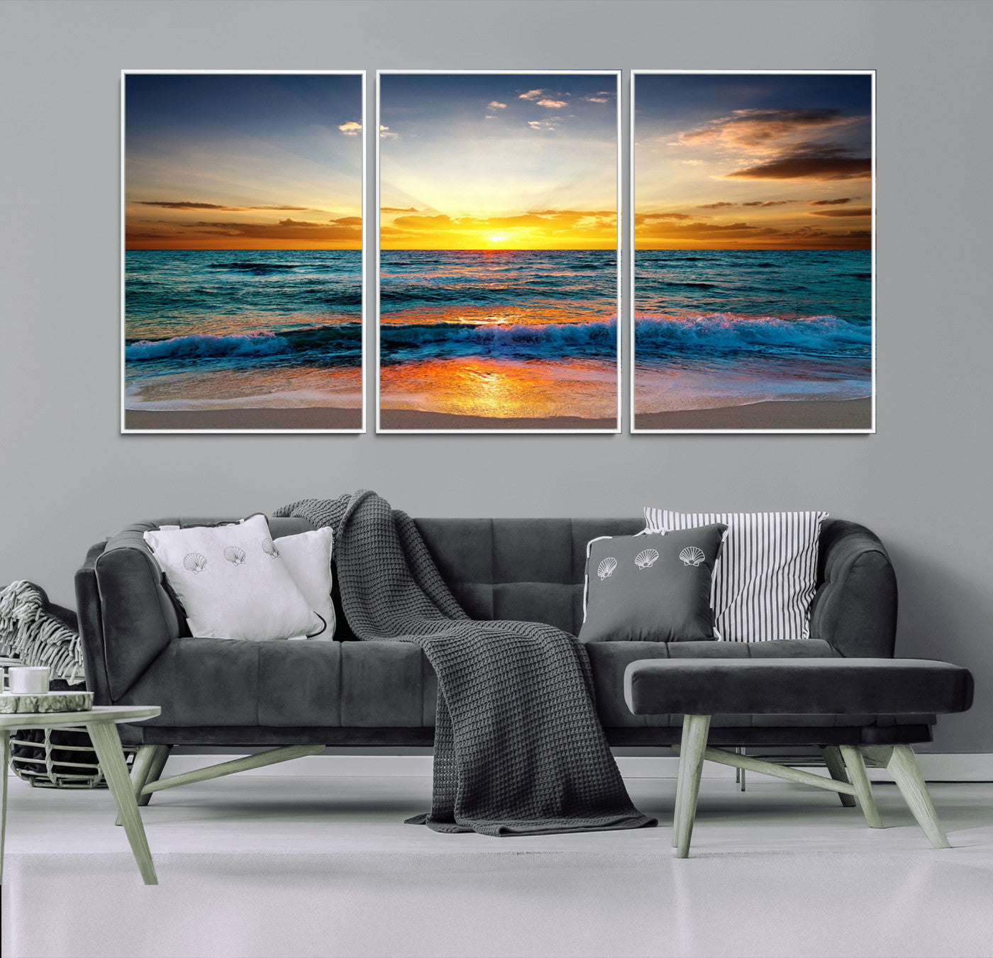 -Vibrant Ocean Sunrise Over Golden Beach Waves, Giclee Canvas Wall Art Set, High-Quality Stretched