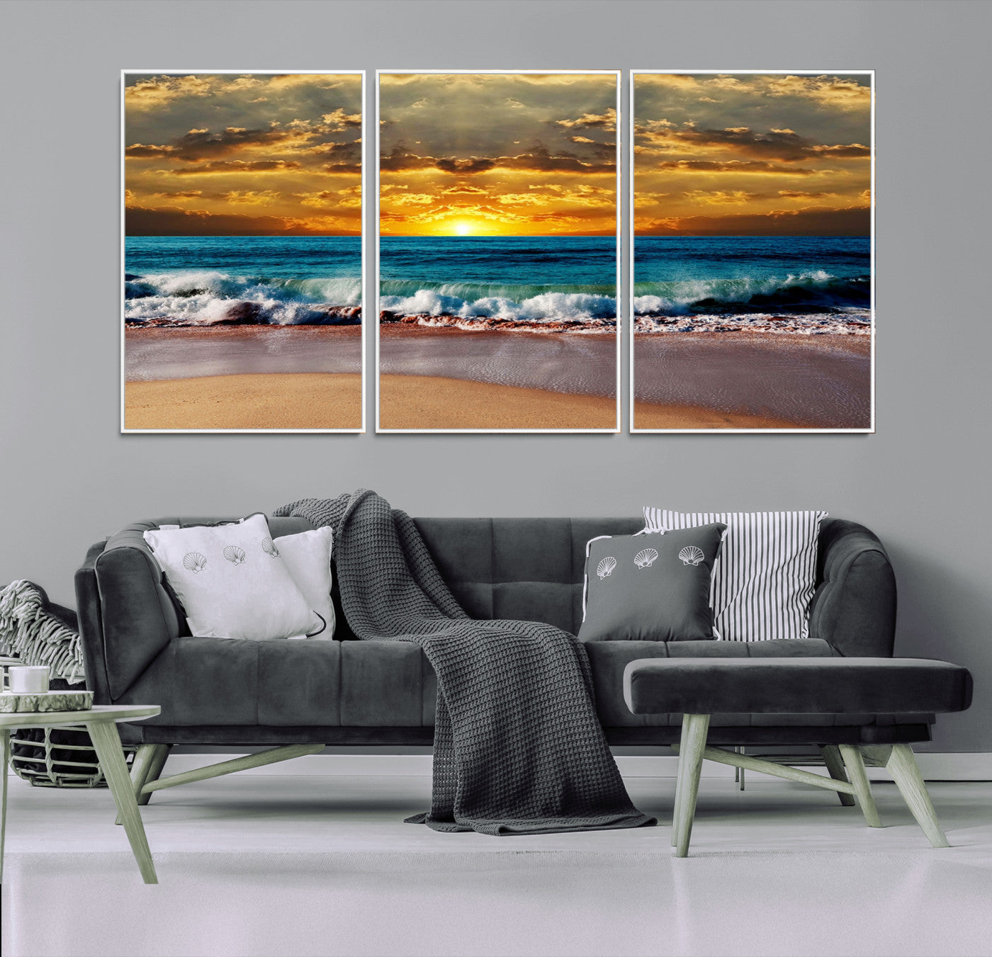 MGV-FC-60X30-3P - Ocean Sunrise Over Golden Beach Waves, Giclee Canvas Wall Art Set, High-Quality Stretched Canvas Print, Ready to Hang Coastal Sunset Wall Decor