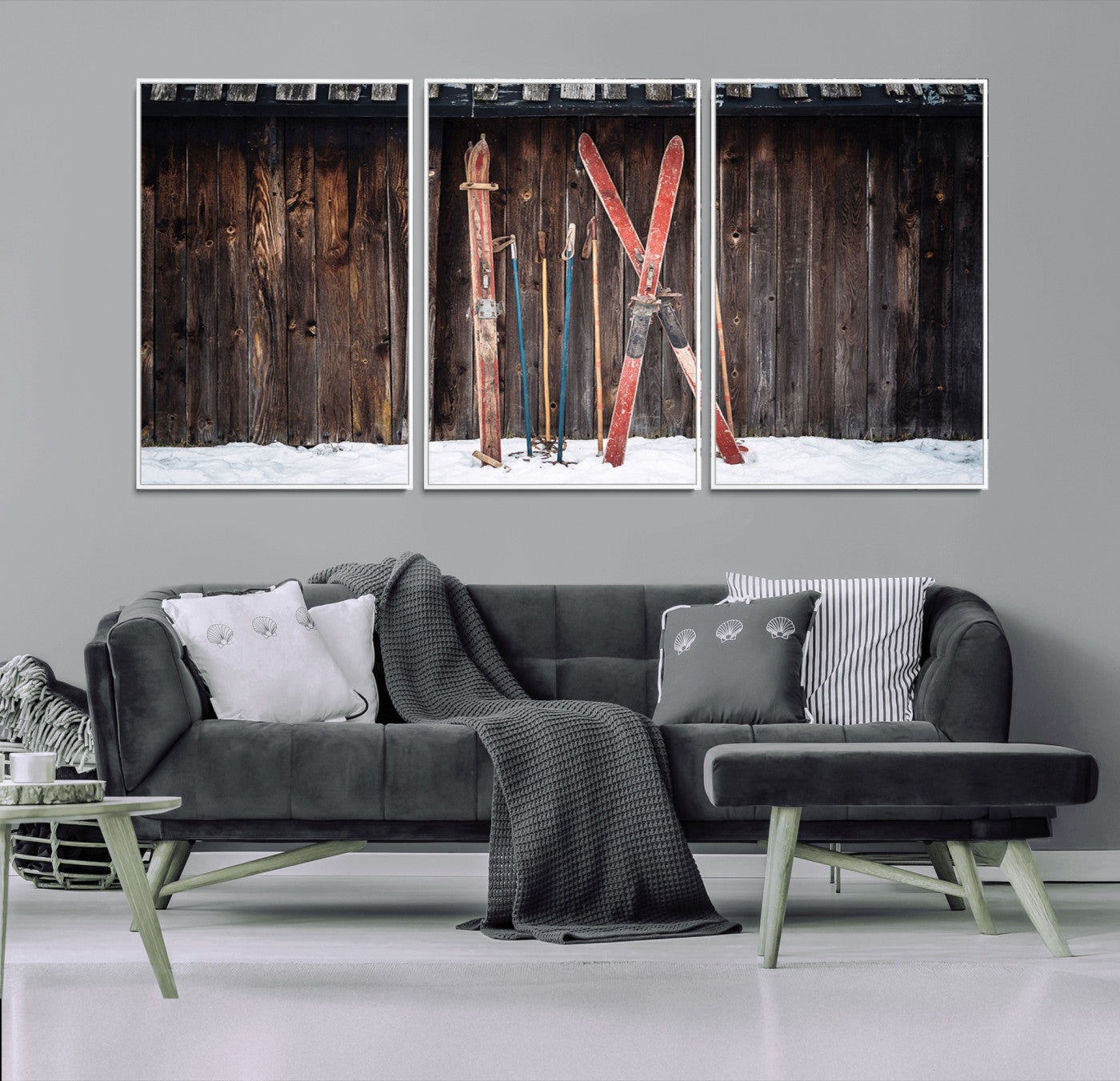 78590-MGV-CV-36X24-Vintage Ski Gear Canvas Print, Vintage Ski Gear Against Wooden Cabin Wall, Rustic Winter Sports