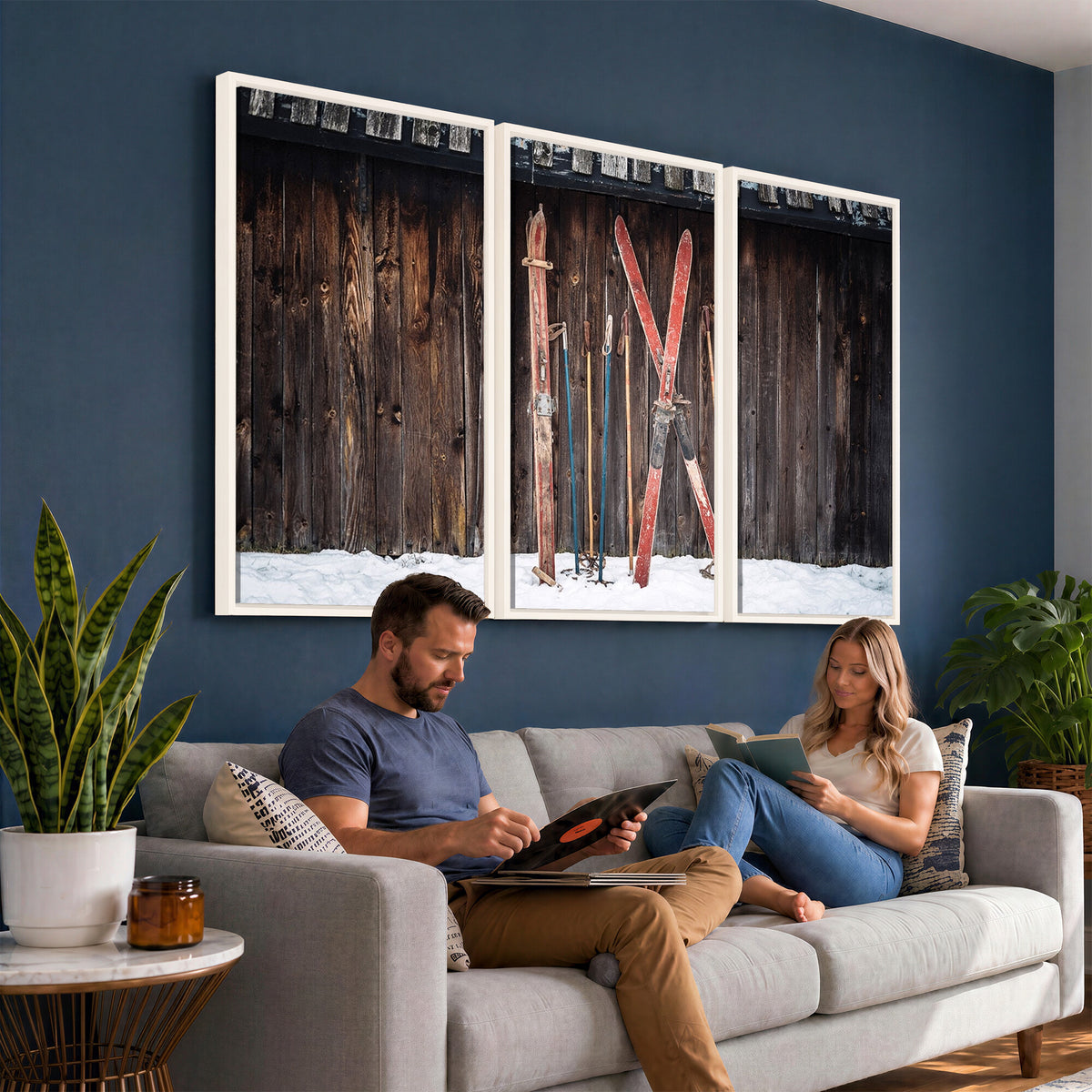 78590-MGV-CV-36X24 - Vintage Ski Gear Canvas Print, Vintage Ski Gear Against Wooden Cabin Wall