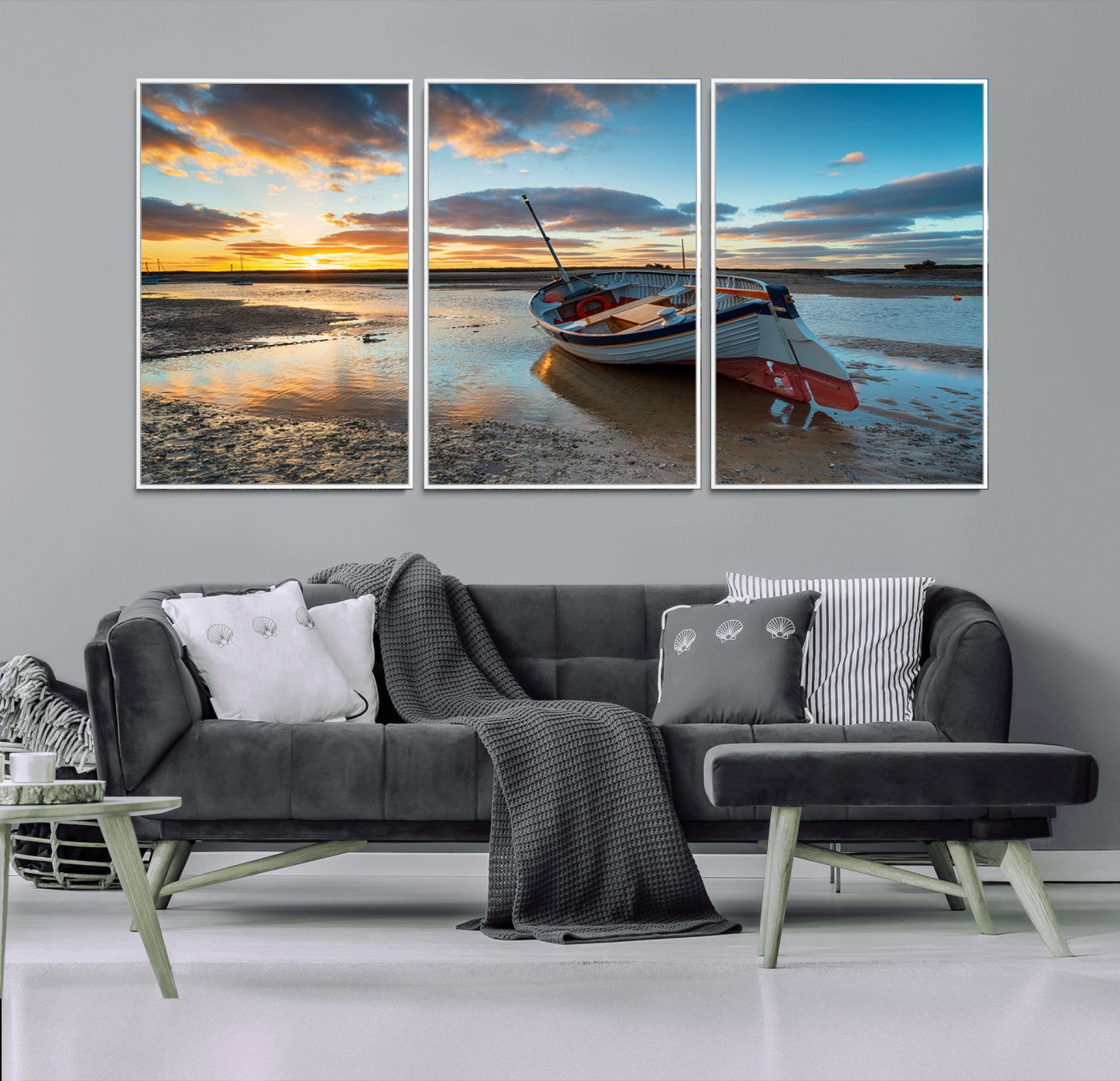 MGV-FC-60X30-3P - Small Boat At The Beach Sunset Wall Art, Boat Sunset Wall Art Canvas Print