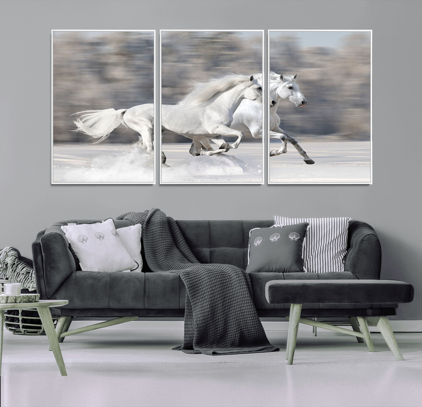 MGV-FC-60X30-3P - The White Horses Wall Art, Framed White Horses Wall Art Canvas Print