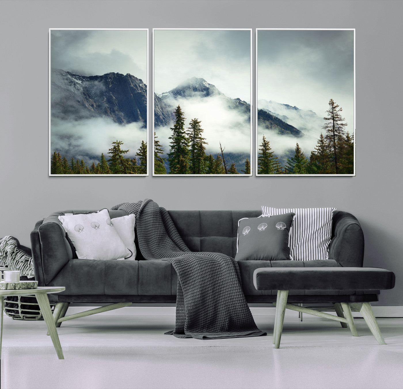 93219-MGV-CV-36X24-Mountain Mist Canvas Wall Art Print | 3-Panel Foggy Forest and Mountain Landscape | Large Giclee