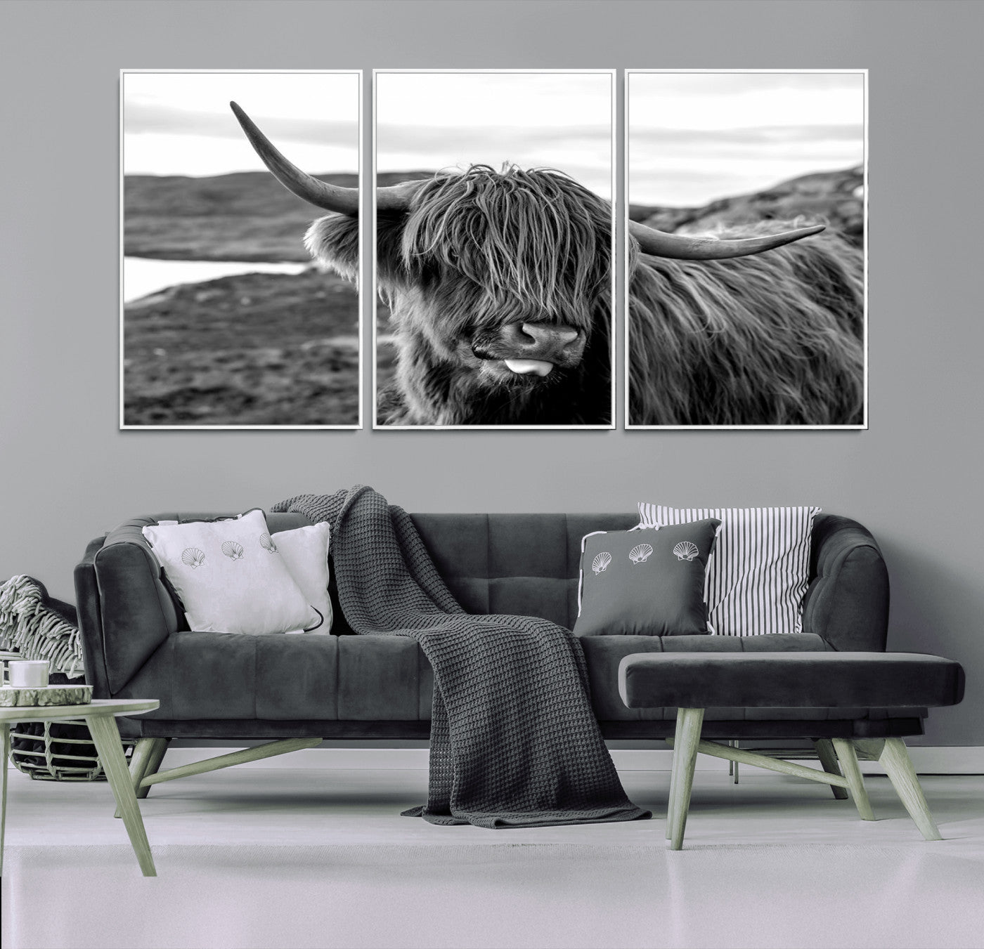 MGV-FC-60X30-3P - Longhorn Steer Canvas Print Wall Art, Highland Cow Canvas Wall Art – Black and White Animal Portrait